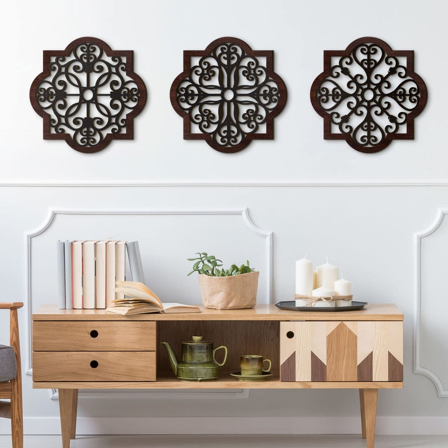 Zhanmai 3 Pieces Thicken Rustic Wood Wall Decor Farmhouse Geometric Wall Art Farmhouse Hanging Decoration for Living Room Bedroom Home Indoor Outdoor Office, 12 x 12 Inch, Brown