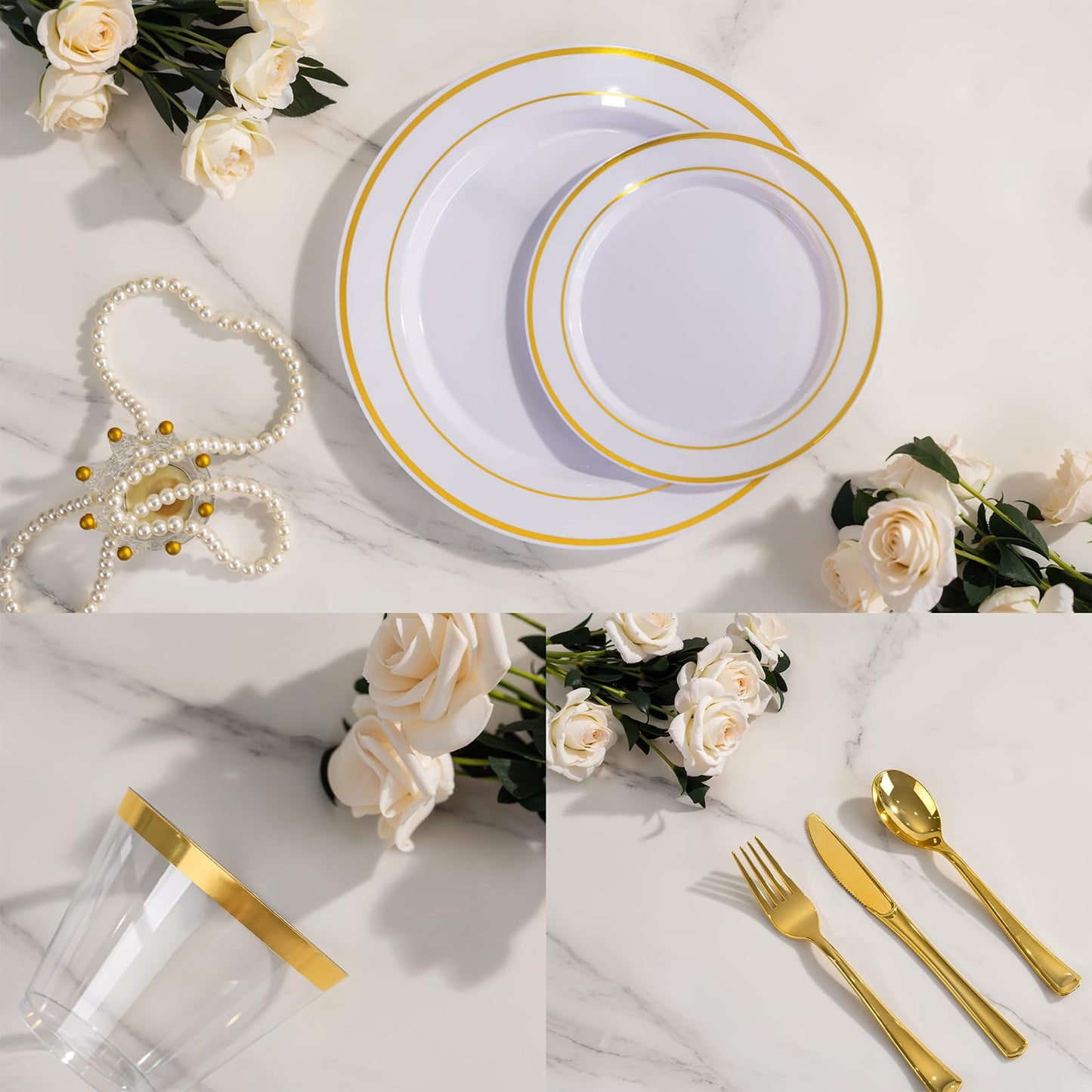 WELLIFE 600 PCS Gold & White Disposable Dinnerware Set for 100 Guests — White Plastic Plates with Gold Rim, Dinner & Salad Plates, Cups, Forks, Knives & Spoons for Weddings & Elegant Events