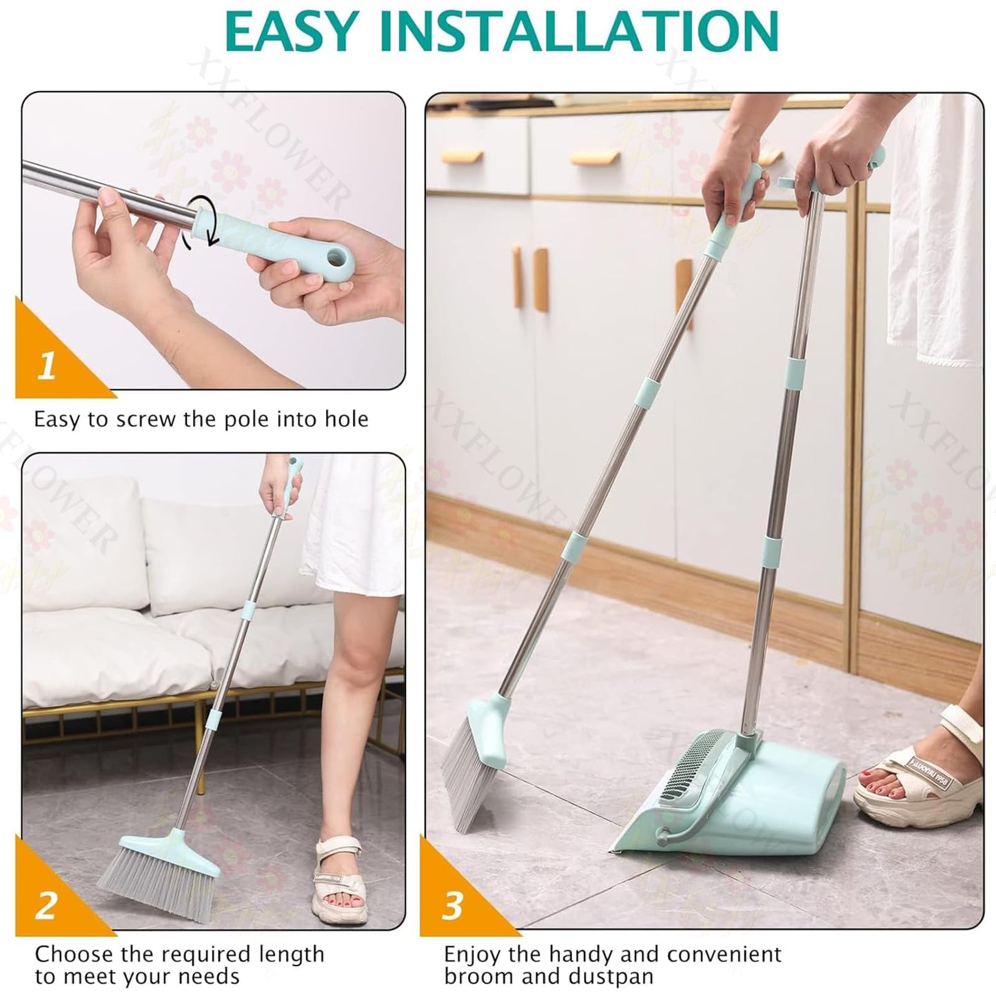 XXXFLOWER Broom and Dustpan Set with Cleaning Teeth, 55" Long Handle Indoor Sweeping Combo for Home Office Kitchen, Bluish Green