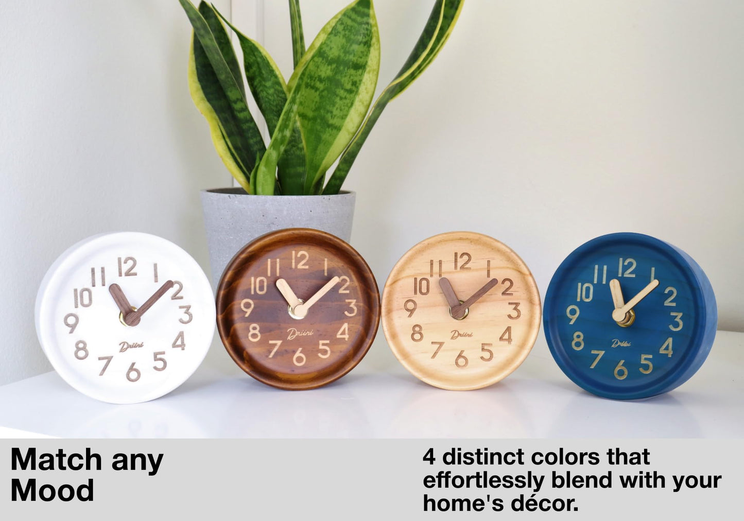 Driini Wooden Analog Desktop Clock – 4.3 in. Decorative Pinewood, No-Tick Design – Easy to Read Silent Sweep Mantle Clock – Quiet Tabletop Clocks with Wood Body, Hands, & Battery Cover; Dark