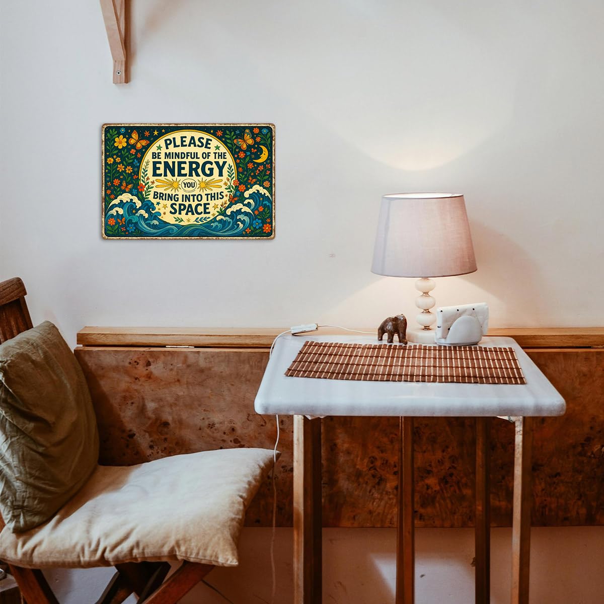 Please Be Mindful of the Energy You Bring Tin Sign – Spiritual Wall Decor for Home, Yoga Room, or Meditation Space – Retro Metal Wall Art Aesthetic, Positive Energy Tin Sign 8x12 Inch