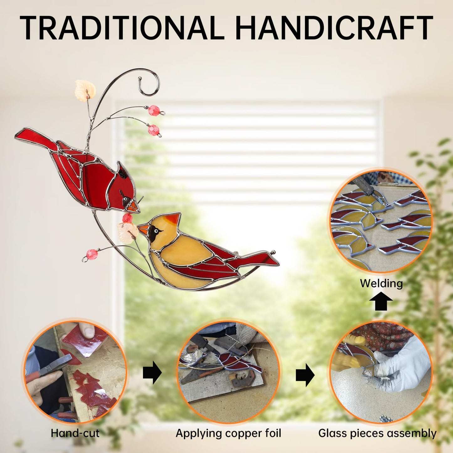 Handmade Cardinal Stained Glass Suncatchers Window Hanging Ornament for Christmas,Memorial Gifts for Women,Red Birds Sun Catcher Decora,Bird Lover Gifts,Real Glass Unique Design