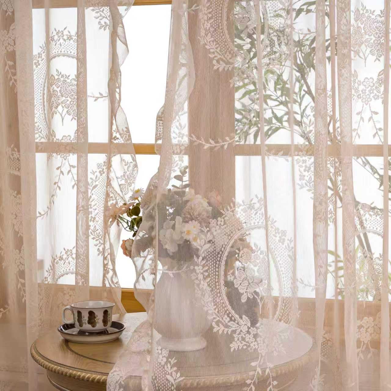 LOHUT Beige Lace Curtains for Bedroom 2 Panels Set Cute Vintage Curtains Sheer Floral Embroidery,52W*63L