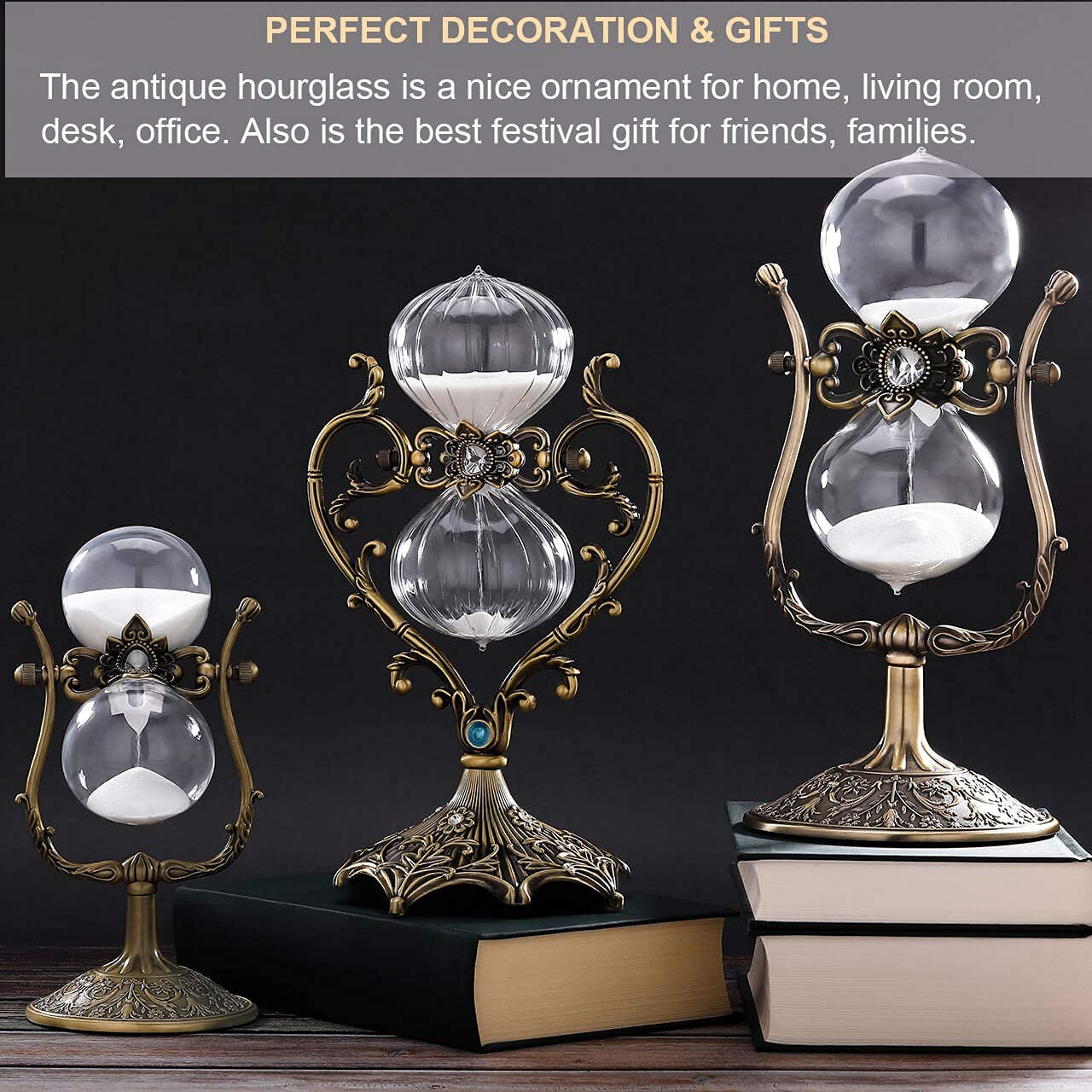 Vintage Engraving 30 Minute Hourglass, Rotating Sand Timer Clock, Unique Metal Sand Watch 30 Min, Antique Brass Hour Glass Sandglass for Home, Desk, Office(Black)