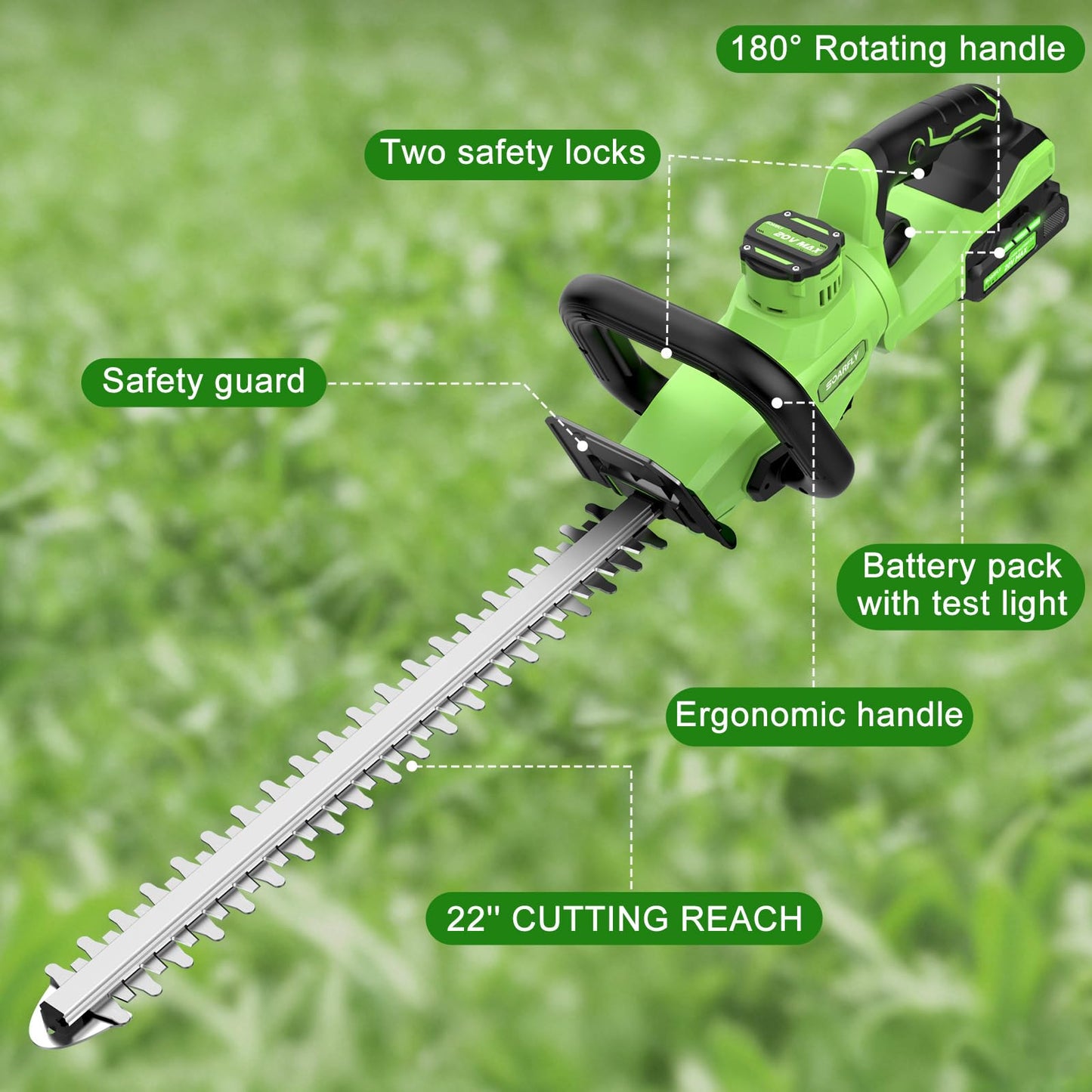 22'' Hedge Trimmer Cordless with Battery 2×2.0Ah, SOARFLY 3000RPM 180° Rotatable Handle Electric Hedge Trimmer, Dual Safety Lock 20V Powerful Bush Trimmers Tree Trimmer for Garden Lawn Yard Pruning