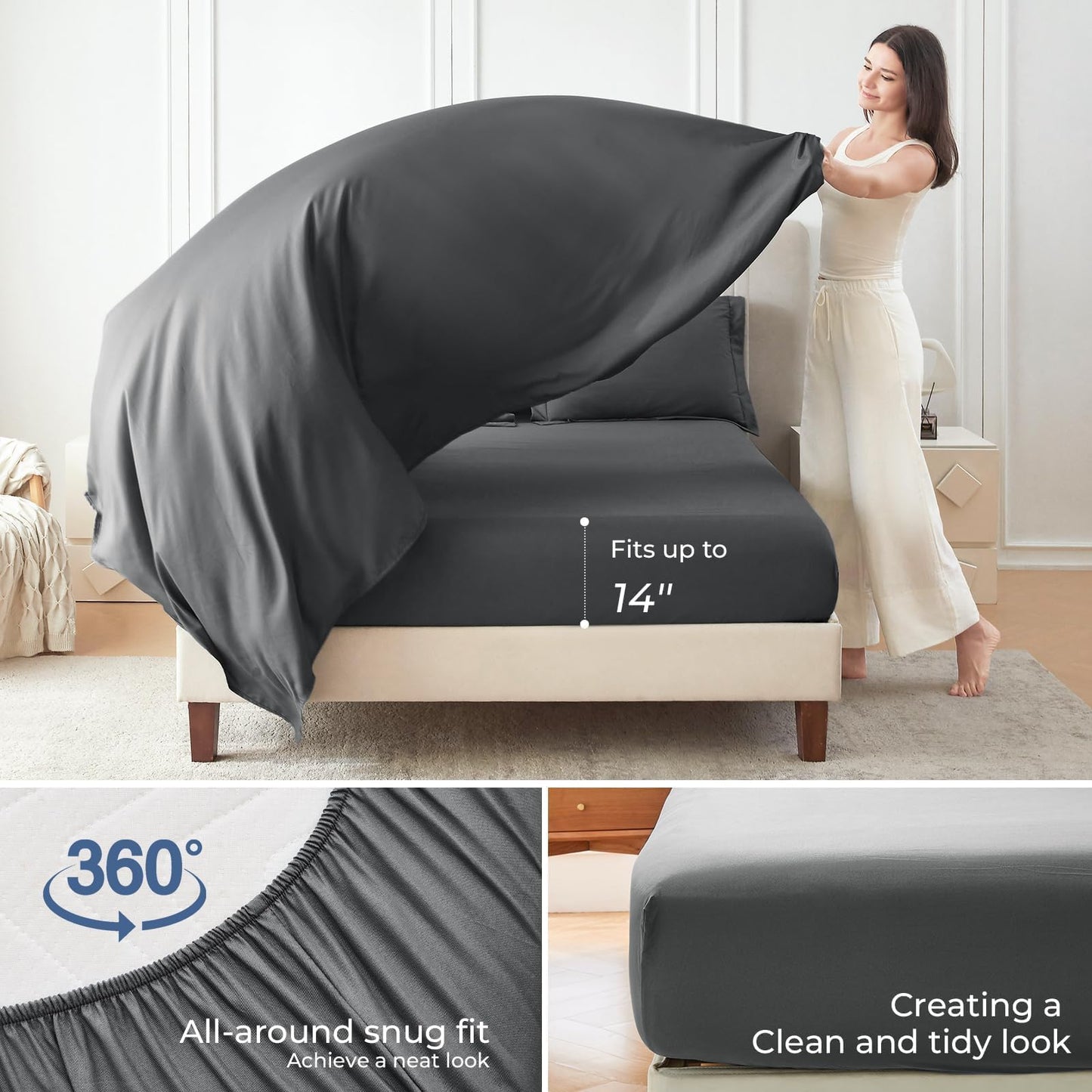 Sasttie Queen Comforter Set, 7 Pieces Bed in a Bag Queen, Complete Bedding Set Includes Grey Comforter, Flat Sheet, Fitted Sheet, Pillowcases and Pillow Shams, Dark Grey