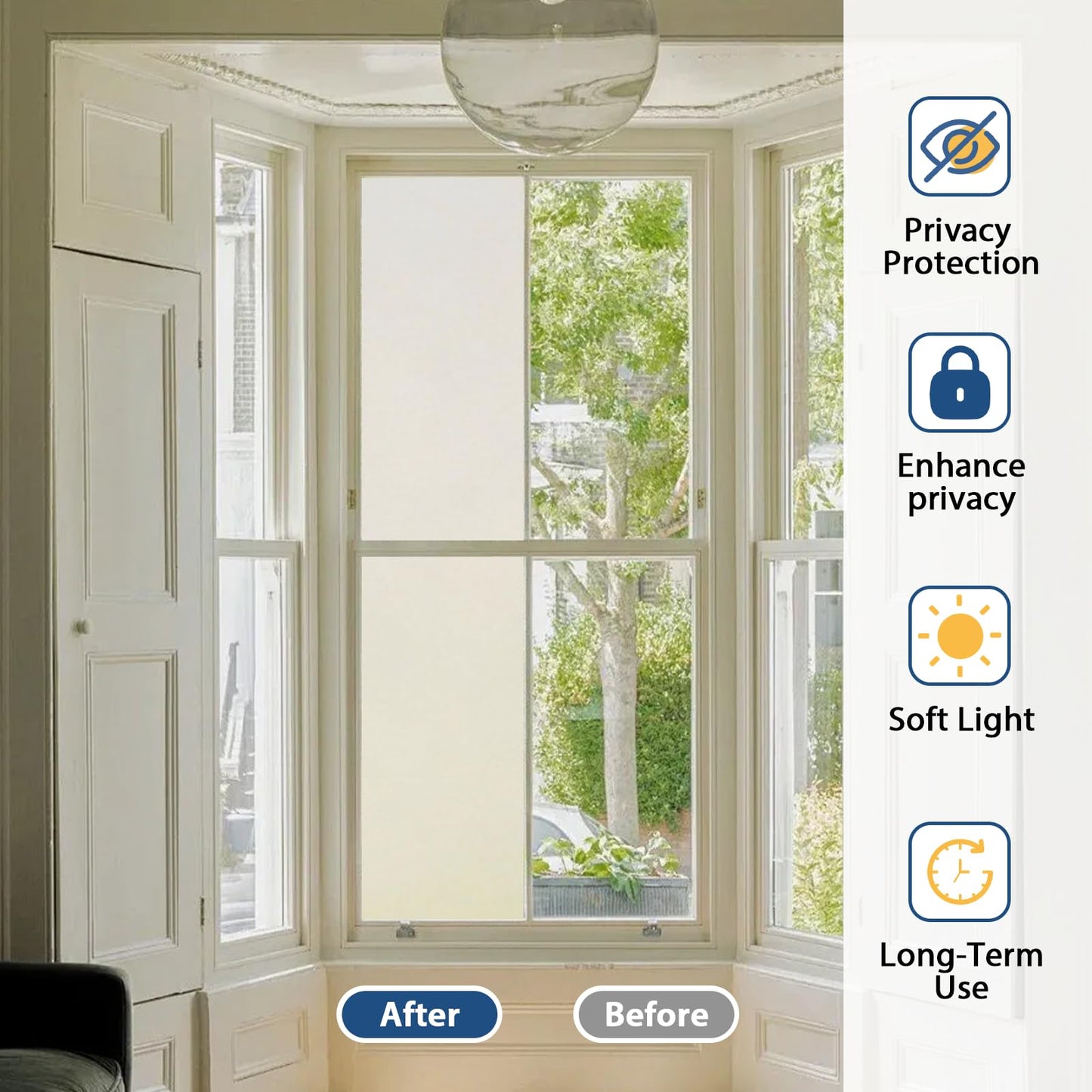 Timeet Window Privacy Film, Frosted Glass Window Clings, Static Cling Heat UV Blocking Anti-Glare Frosting Stickers, Decorative Bathroom Door Coverings Day and Night, 17.5 x 78.7 Inch, Pure