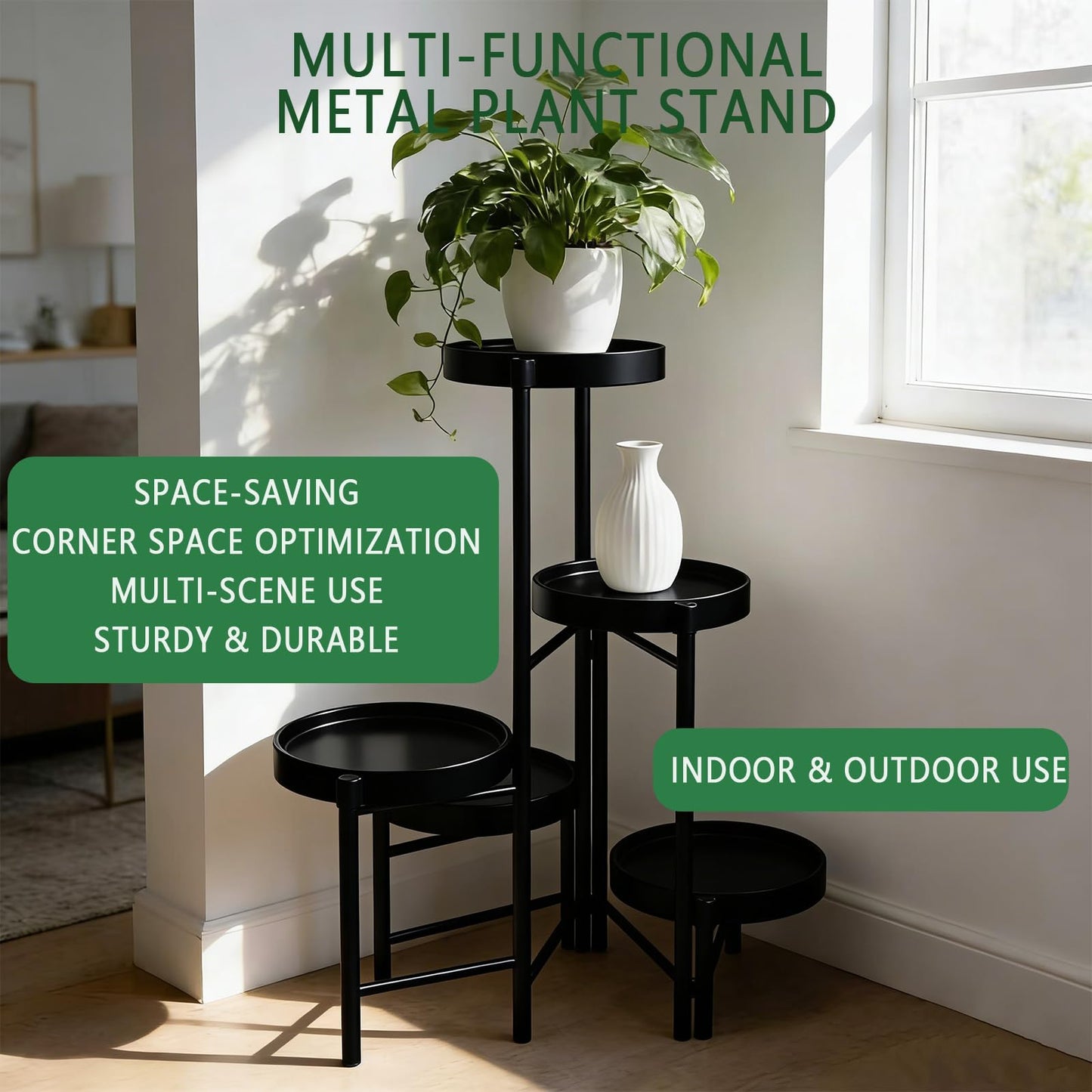 CNHZ FLOURISH Plant Stand Indoor Outdoor, 5 Tier Corner Plant Shelf, Folding Metal Plant Stand for Living Room Office Garden Patio Balcony Black
