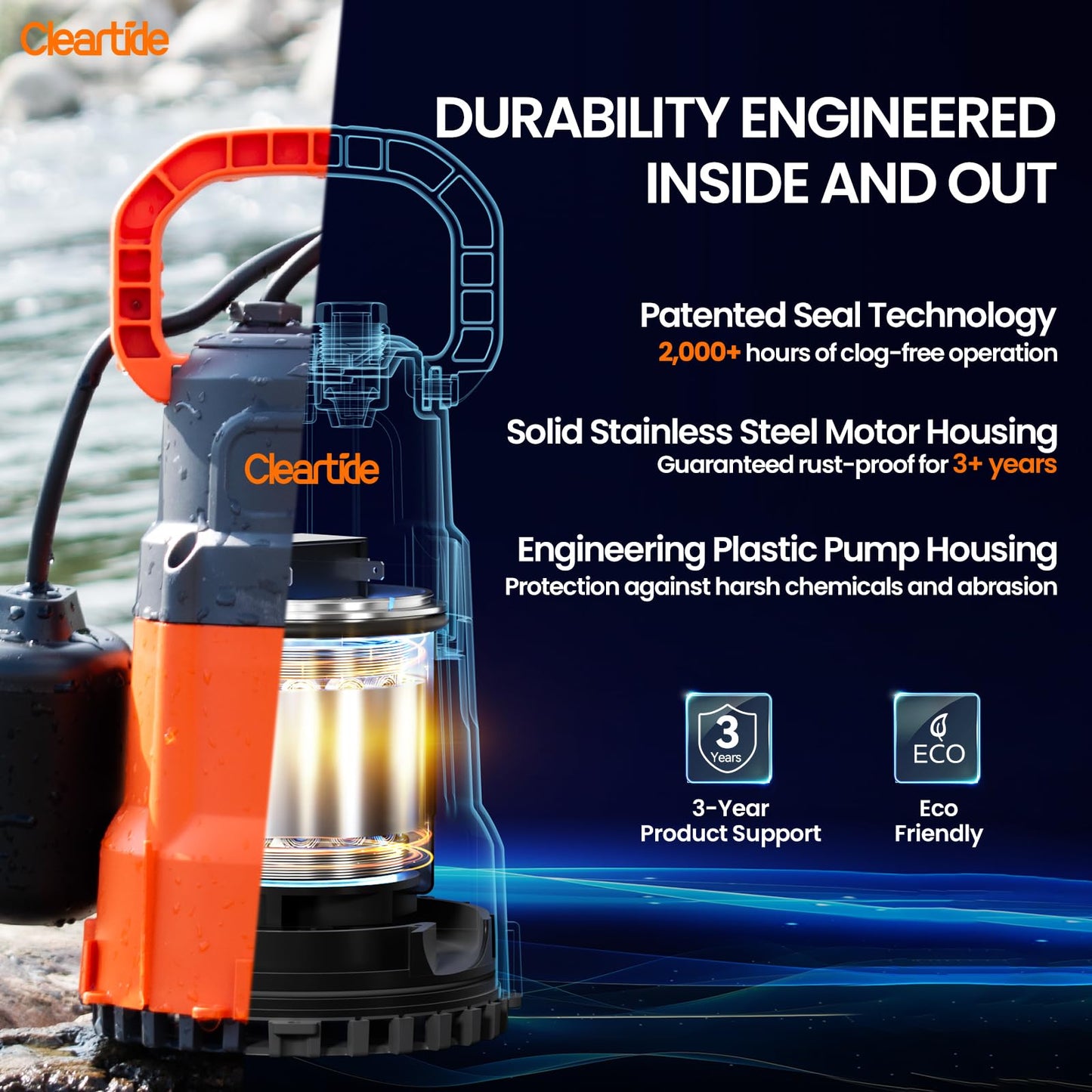 Cleartide Submersible Sump Pump with Tethered Float Switch, 1/2 HP Utility Water Pump, Electric Drain Pump Handles 3/8" Solids, 10 FT Cord