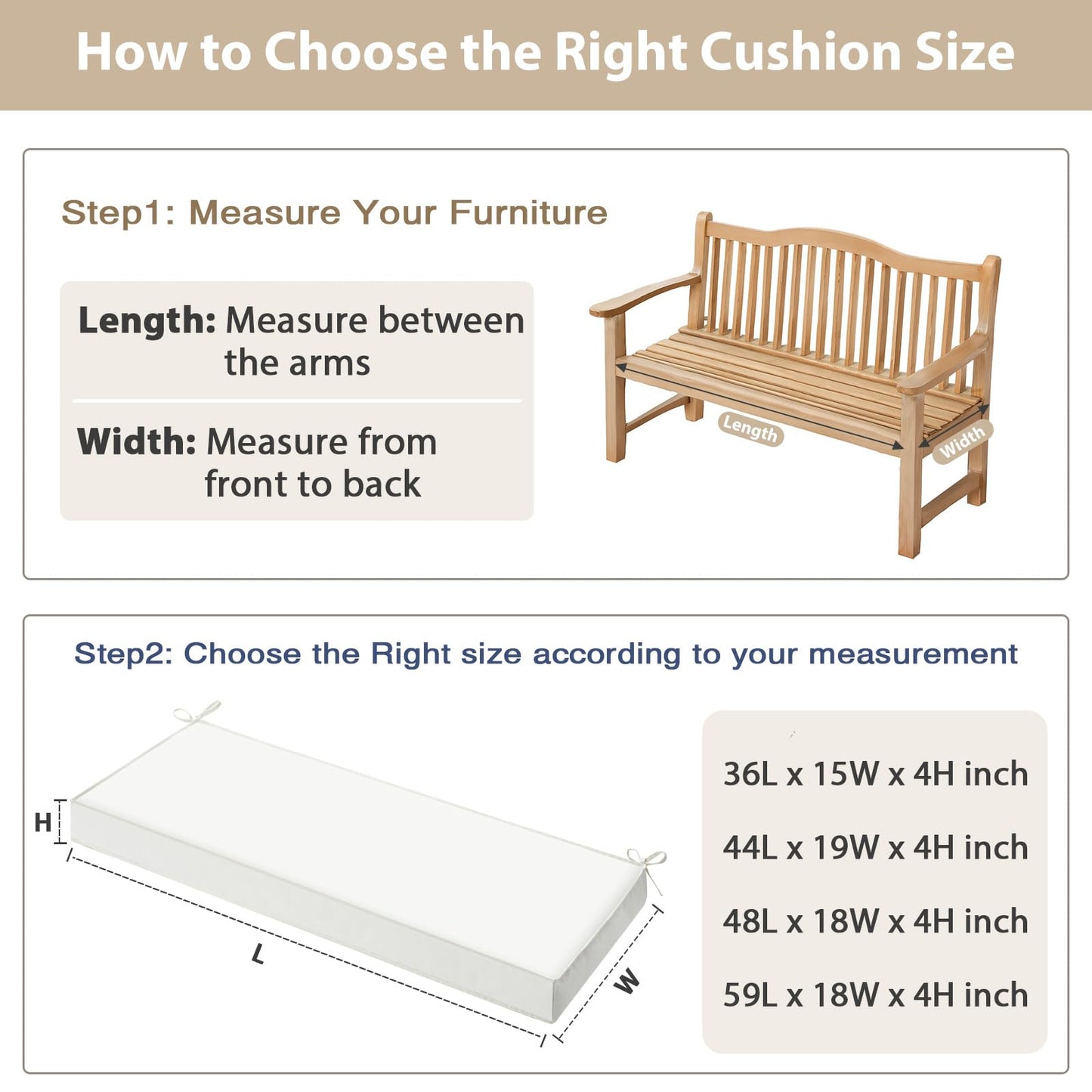 WEOAVRY Outdoor Wicker Patio Bench seat Cushions, Durable Anti-Slip Waterproof Garden Thick Bench Cushions for Outdoor Indoor Furniture Beige.