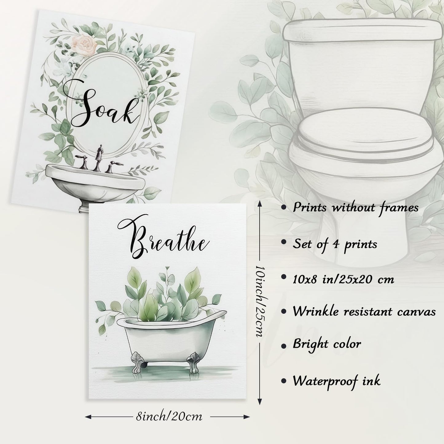 Dazzlewall 4pcs Relax Unwind Breath Soak Wall Decor, Minimalist Sage Green Leaves Bathroom Bathtub Washbasin Toilet Wall Art Poster, 8x10 in Unframed