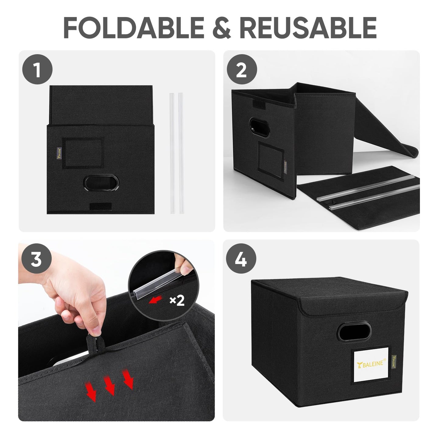 BALEINE File Organizer Box with Lid, Collapsible File Folder Organizer with Plastic Slide, Hanging File Folder Box for Office Document Storage (1 Pack, Black)