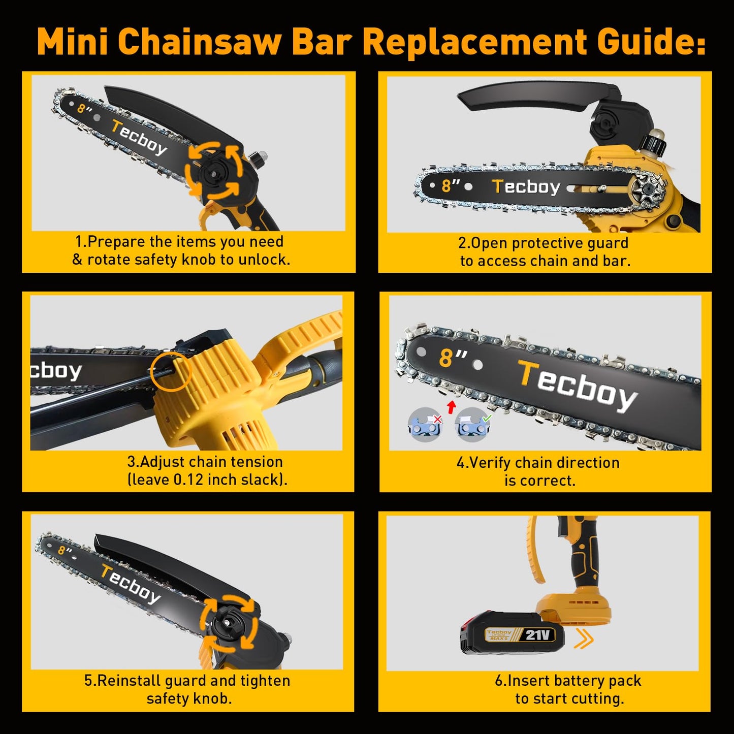 8 Inch Mini Electric Chainsaw Cordless, 6 Inch Portable Chain Saw for Makita 18V Battery Powered Saws Small HandHeld Saw with 2 Batteries Yard Tool Tree Trimming Wood Cutting Gifts Men Dad(GoldYellow)