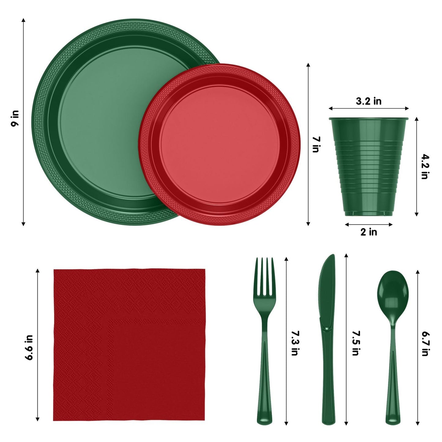 350 Pcs Christmas Plastic Plates For Party, Red & Green Disposable Plates Set, 50 Of Each 9" Dinner Plate Set, 7" Dessert Plate, Cups, Napkins & Cutlery Plastic Dinnerware Exquisite