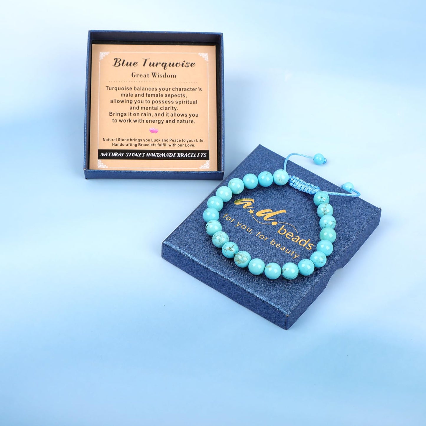 AD Beads 8mm Blue Turquoise - Wisdom - Handmade Natural Stone Crystal Bracelet with Adjustable Macrame String - Yoga Healing Power Energy Gifts for Men and Women