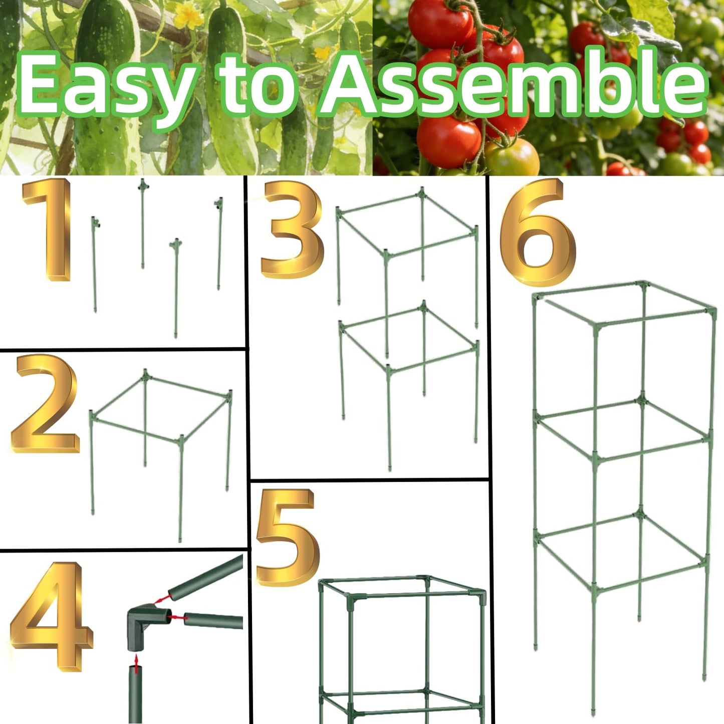 3 Pack Square Tomato Cages for Garden, 48 Inch Tall Heavy Duty Metal Tomato Plant Support Trellis, Adjustable Large Tomato Stakes for Outdoor Pots Climbing Plants, Vegetables, Cucumber