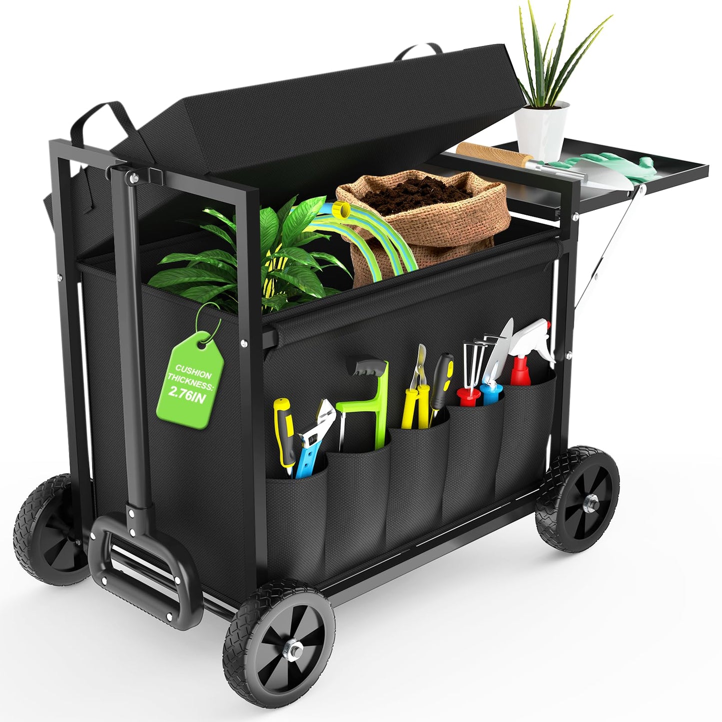 Garden Seat with Wheels, Garden Cart with Seat, 400 lbs Garden Rolling Stools with Wheels for Seniors, Rolling Utility Cart with Large Storage, Foldable Side Trays, for Patio, Lawn, Backyard Gardening