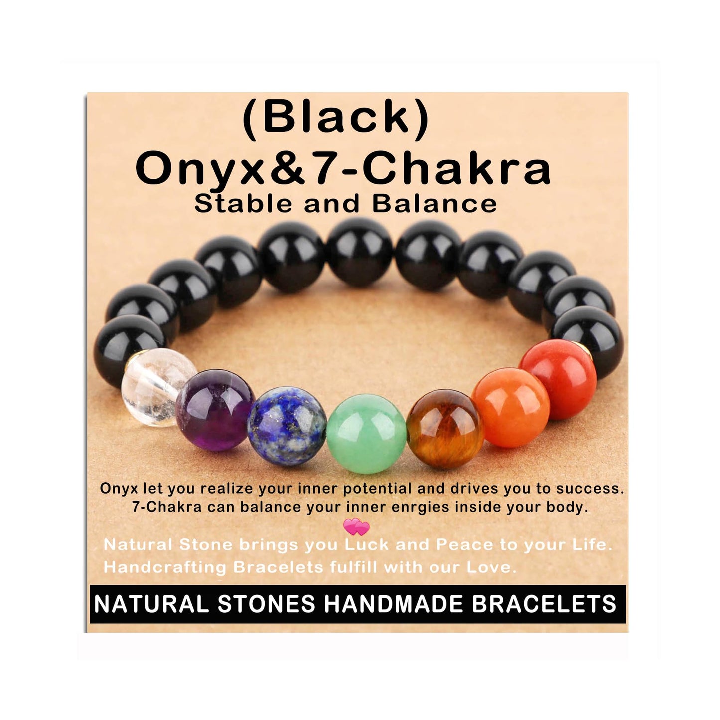 AD Beads Handmade Gemstone Stretch Elastic Bracelet Crystal Healing Reiki Nature's Beauty and Spiritual Essence Unisex (10mm, Onyx & 7-Chakra (Stable and Balance))