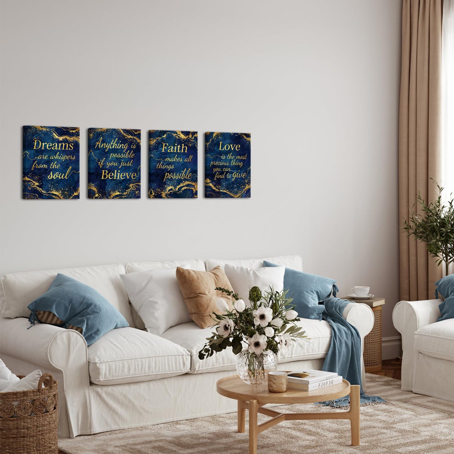 LevvArts Inspirational Wall Art Love Faith Believe Dream Wall Decor Motivaional Encouraging Canvas Prints Blue and Gold Pictures Decoration (Blue)