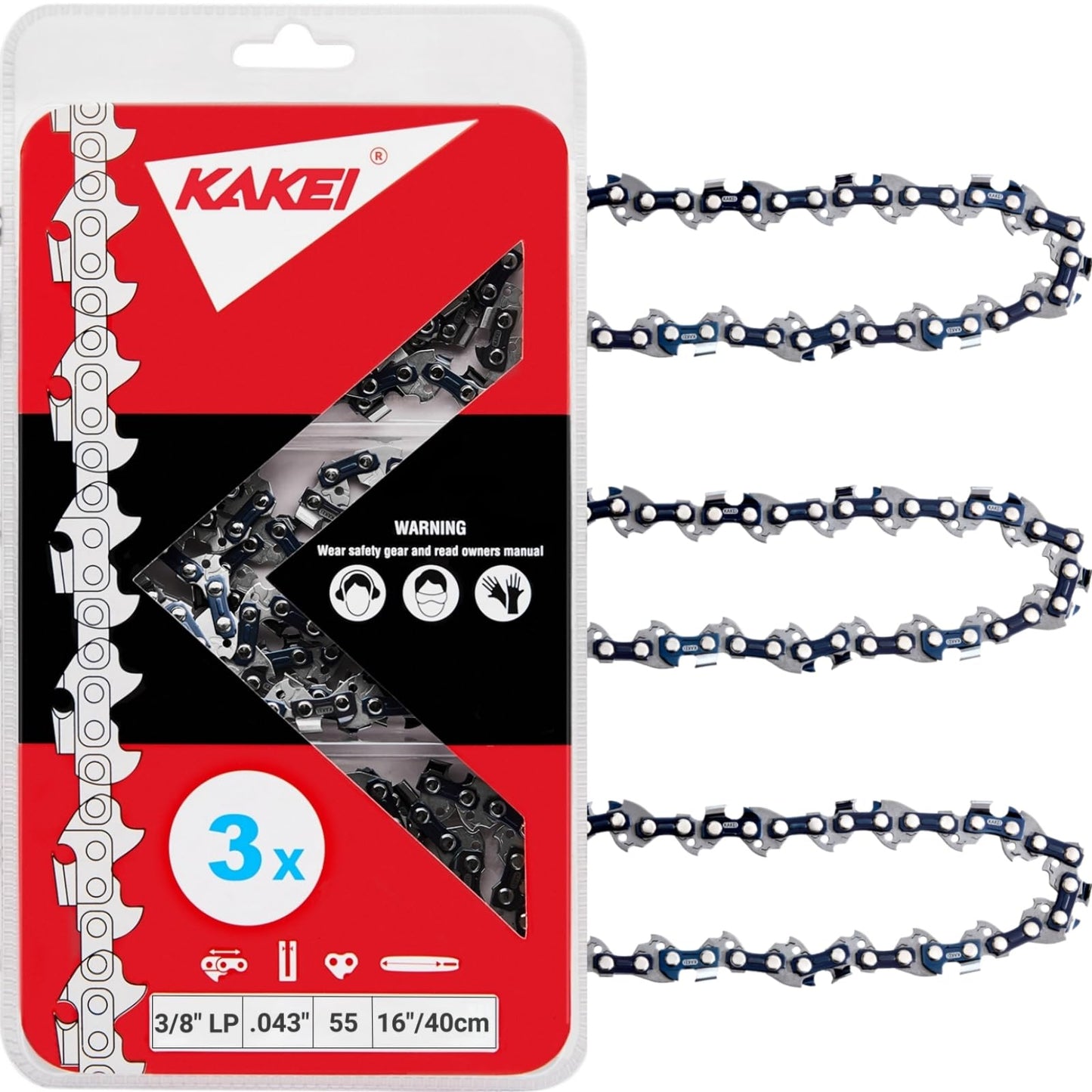KAKEI Chainsaw Chain 16 Inch 3/8" LP Pitch .043" Gauge 55 Drive Links- 61PMM3 55 Fits Stihl MS170, MS171, MS180c - 36100050055, R55 (3 Chains) - Semi Chisel
