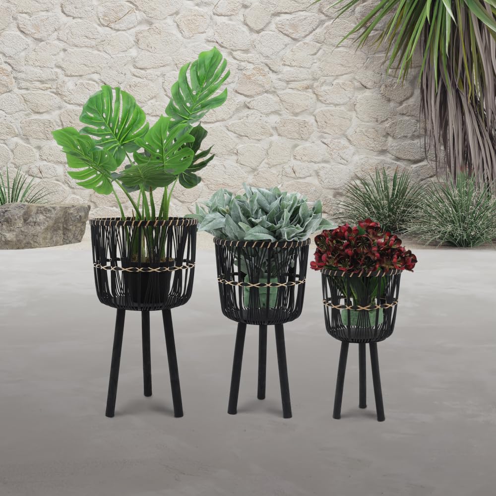 callmego Bamboo Planter Set with Stand for Indoor Plants and Succulents – Includes 11 Inch, 13 Inch, and 15 Inch Sizes