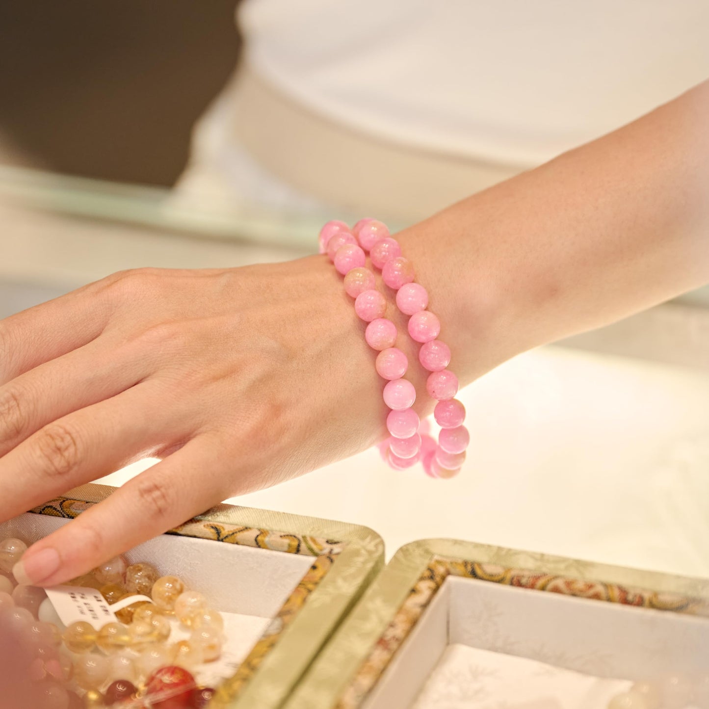 Bivei Natural Gemstone Semi Precious Healing Crystals Handmade Stretchy Round Beads Bracelet, Enhance Positive Energy,Stocking Stuffers for Women(Pink Jade (Warmth Love)(Large))