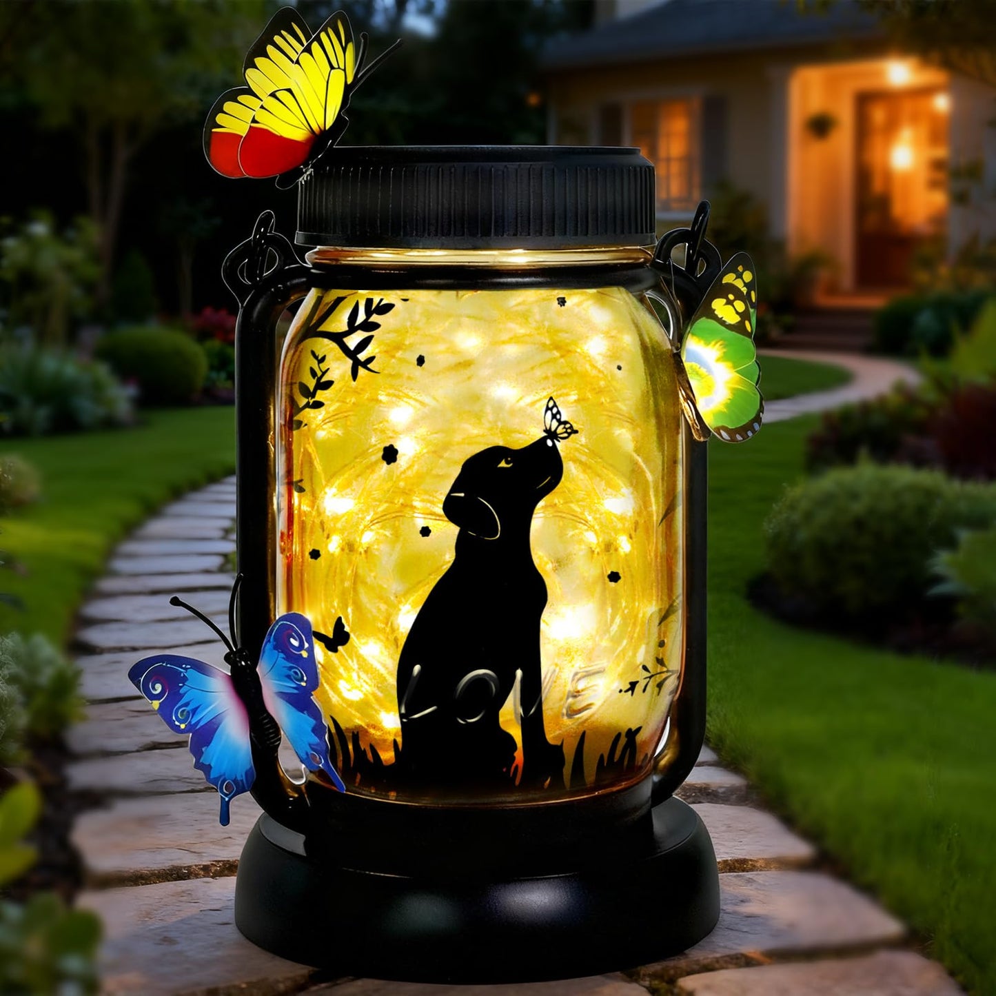 Dog Solar Lanterns Outdoor Garden Solar Dog Lights Dog & Cat Lover Gifts for Women Mom Grandma, Butterfly Fairy Lights Waterproof Hanging Mason Jar Lamps (Dog Kiss Butterfly)