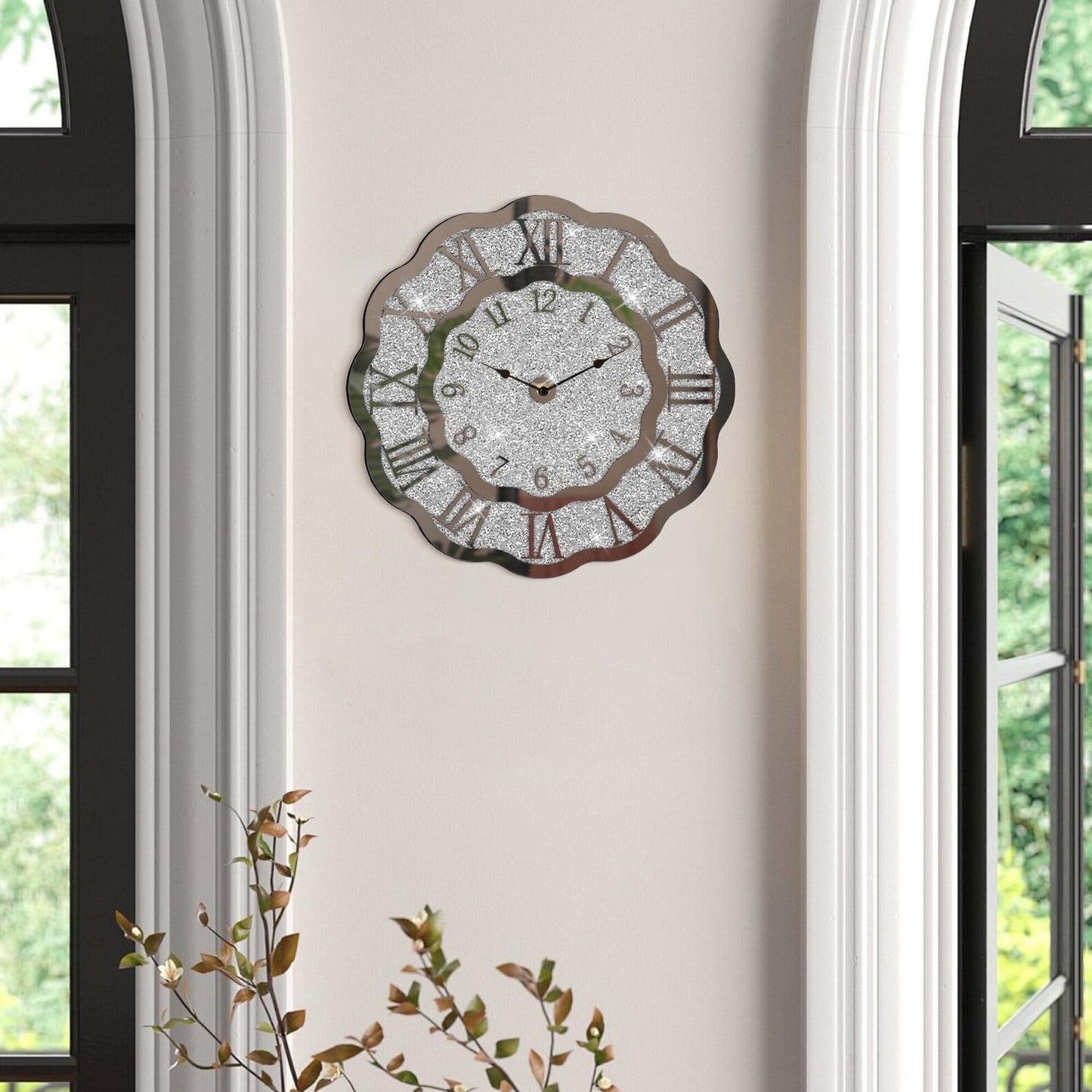 FEUFOAM Crushed Diamond Mirrored Wall Clock Silver Modern Crystal Clocks for Bedroom Unique Home Decorative Glass Mirror Hanging Clock for Living Room Office Dining Decor