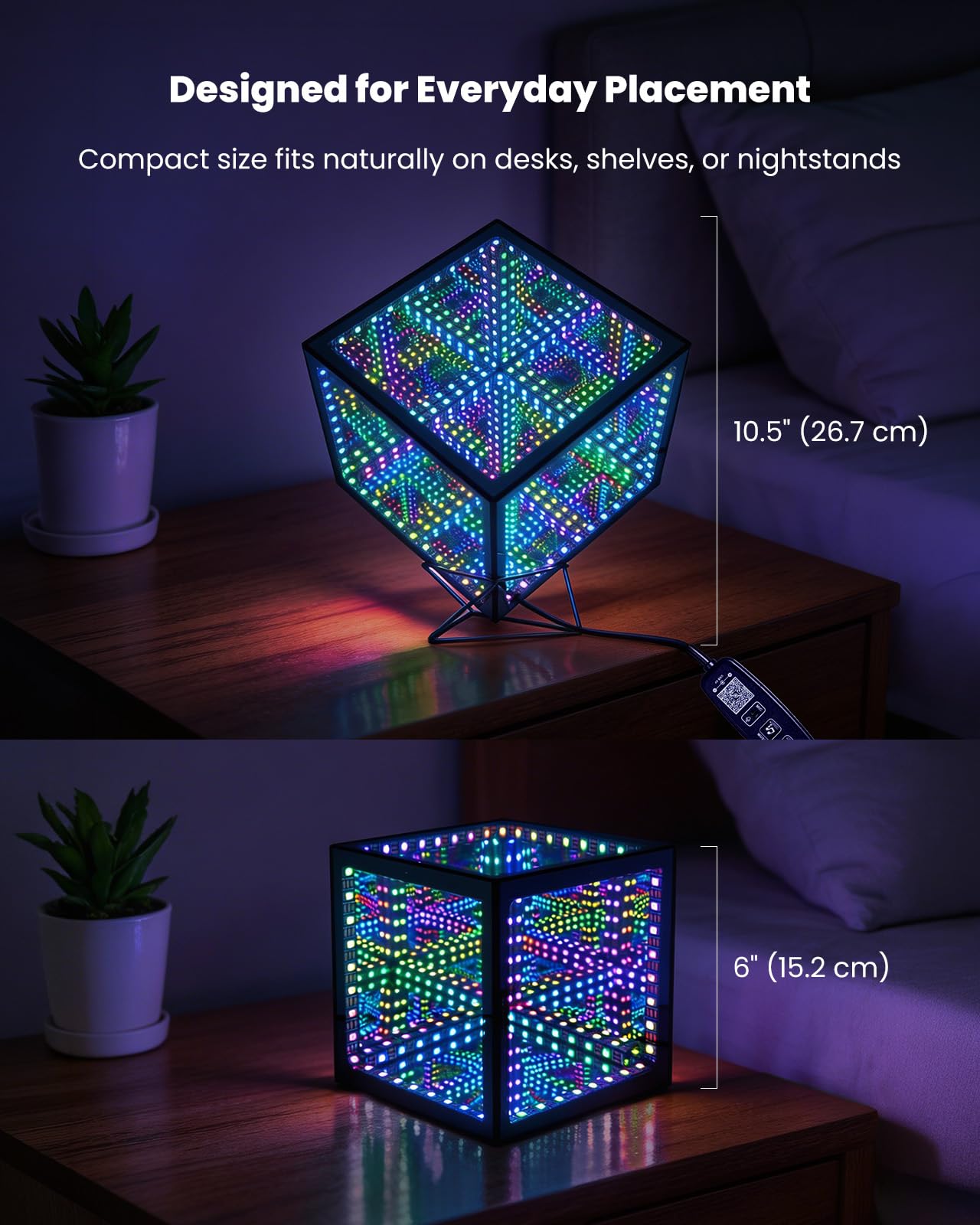 Nobiggie Infinity Mirror Cube Ambient Lighting, 3D Deep Space RGB LED Mood Light with Music Rhythm Sync, Futuristic Hypercube Decor for Home, Bedroom & Living Room (Space Black, Plus - 6 Inch)