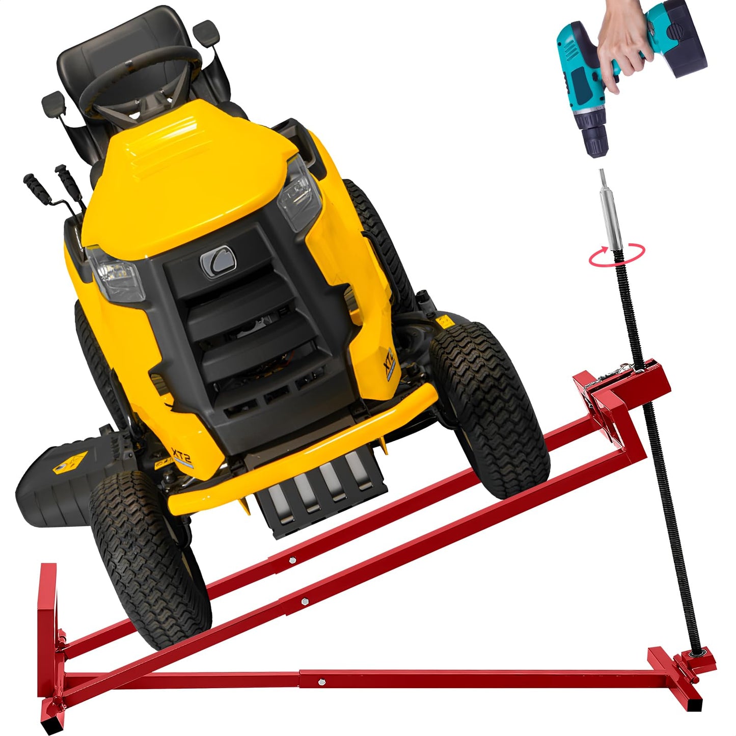 Lawn Mower Lift Jack, TUNTENDO Lifting Platform 882 Lbs Capacity Telescopic Maintenance Jack for Garden Tractors & Riding Lawn Mower with Manual Handle & Power Tool Extension Handle (Red)