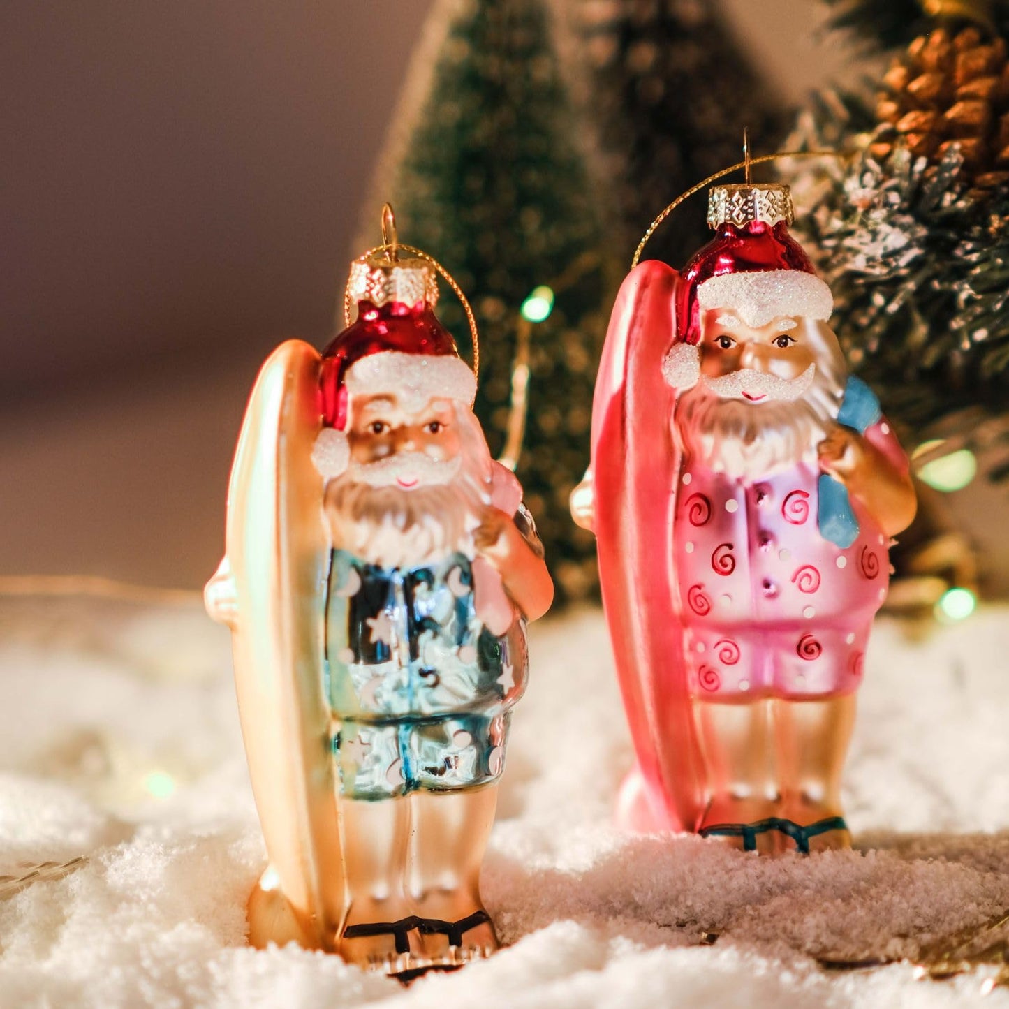 Amanman Beach Glass Ornaments Set - 2 Pack Funny Hand Blown Glass Christmas Ornaments Surfing Santas, Coastal Sea Glass Decor - 5" Christmas Tree Decorations