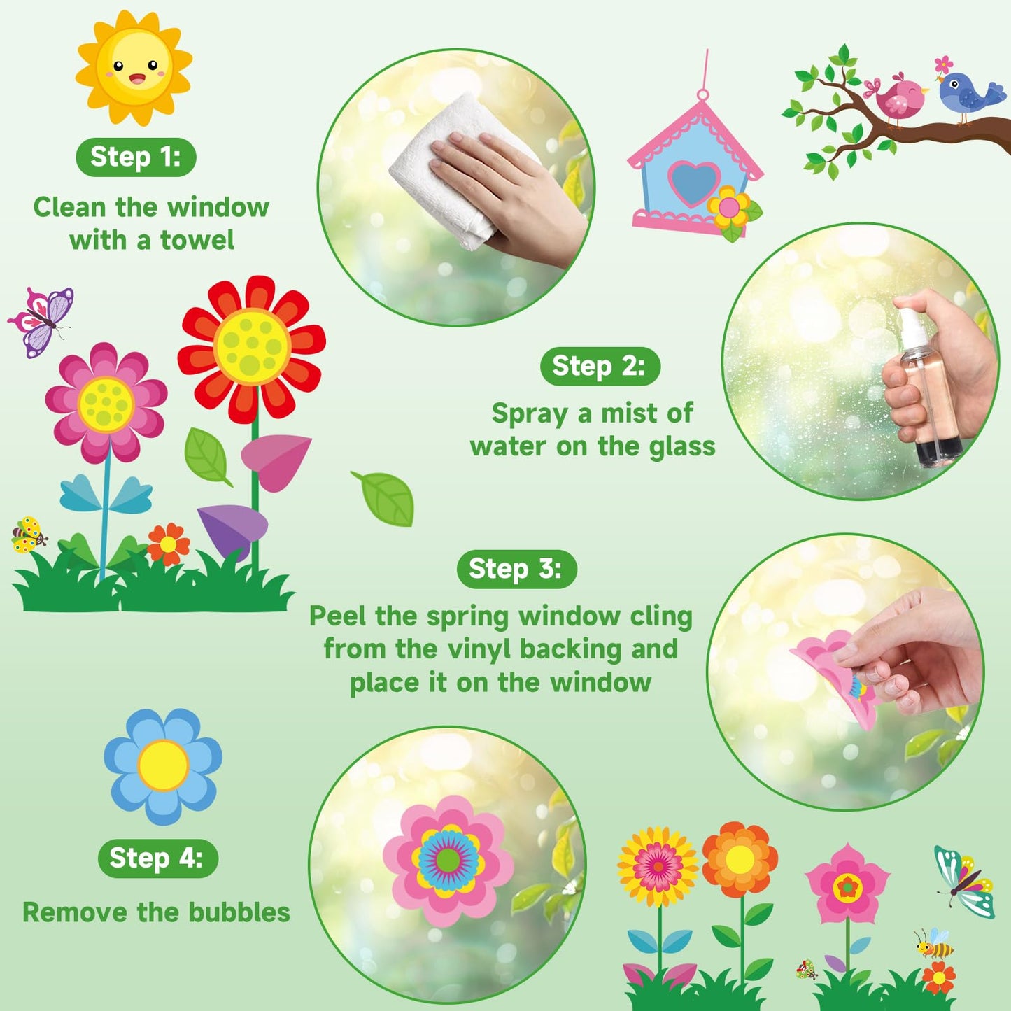 9 Sheets Spring Window Clings for Glass Windows, Spring Decor Window Stickers for Kids, Summer Easter Decals Decorations for Home, Office, Classroom Glass Doors