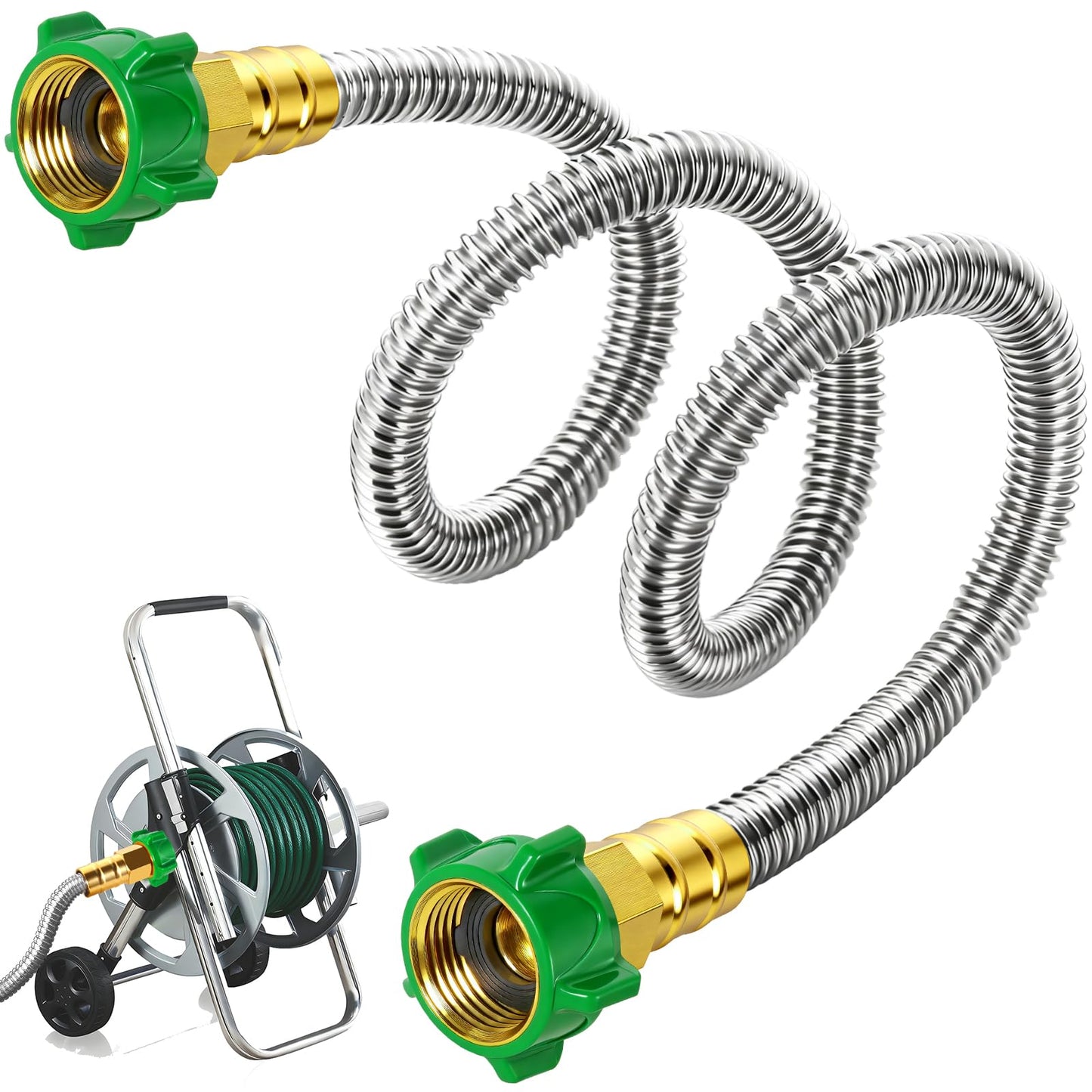 Female to Female Short Garden Leader Hose 4FT,Metal Hose Reel Connecting Hose,Stainless Steel Hose Connector for Hose Reel,Flexible,Kink-Free & No Leak Outdoor Water Pipe Extension Adapter