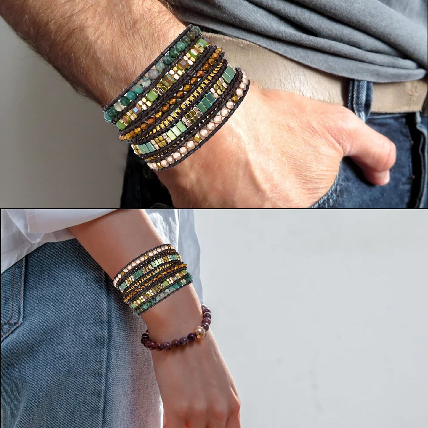 Plumiss Boho Handmade Green Stylish Natural Stone Crystal Hematite Stainless Steel Chain Mixed 5 Wrap Bracelet for Women Men