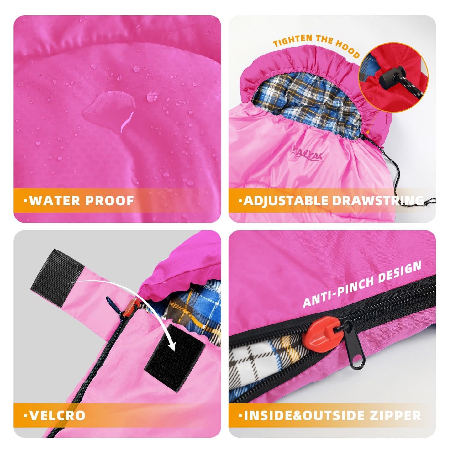 KANYAK Pink Sleeping Bag with Carry Bag, Warm Washable and Skin-Friendly Camping Sleeping Bag for Festival Sleep-Outs or Outdoor Adventures