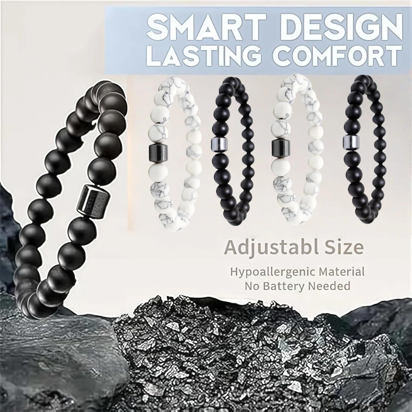 Liiusgelad Mens Beaded Bracelets 4-Pack, 8mm & 6mm Black and White Stone Bracelet Set, Hematite Obsidian Tiger Eye Crystal Mala Bead Bracelet for Men, Pulseras para Hombres, Mens Jewelry Accessories