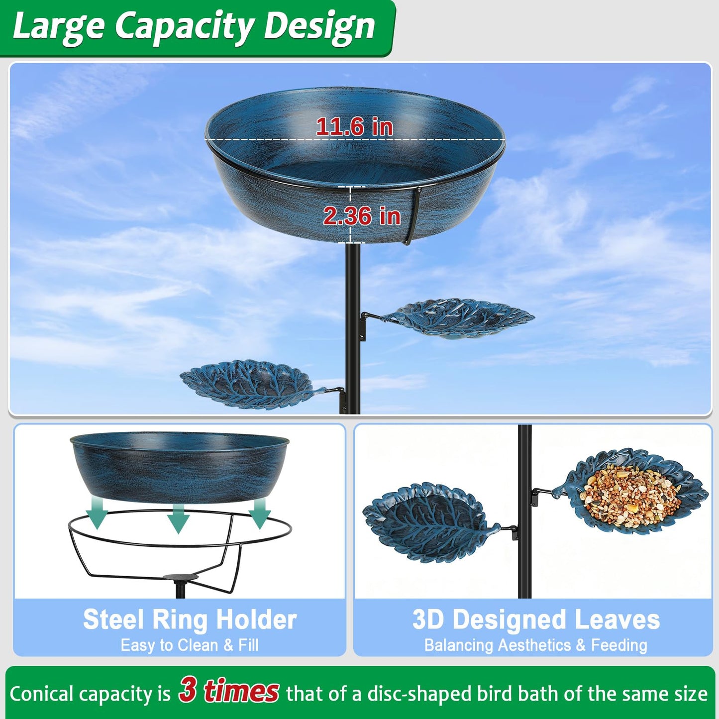 Olpchee Metal Bird Bath for Outdoor - Garden Bird Bath with Removable Bowl Heavy-Duty Base, Winter Birdbath Feeder Rust-Proof Birdbaths for Garden Yard Lawn Decor, Easy to Install(Blue)