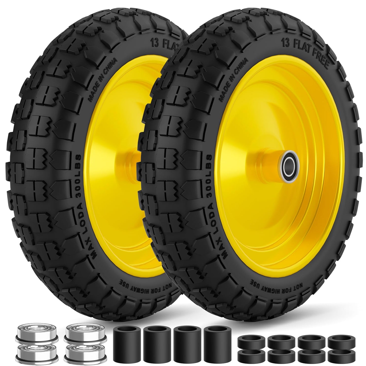 RONPOW 4.00-6 Flat Free Tire and Wheel, 13 Inch Solid Garden Wheelbarrow Tires, 300Lbs with 5/8" & 3/4" Axle Hole, 1"-3.5" Hub for Garden Cart, Wheelbarrow, Hand Truck, for Home Farm, 2Pcs Yellow