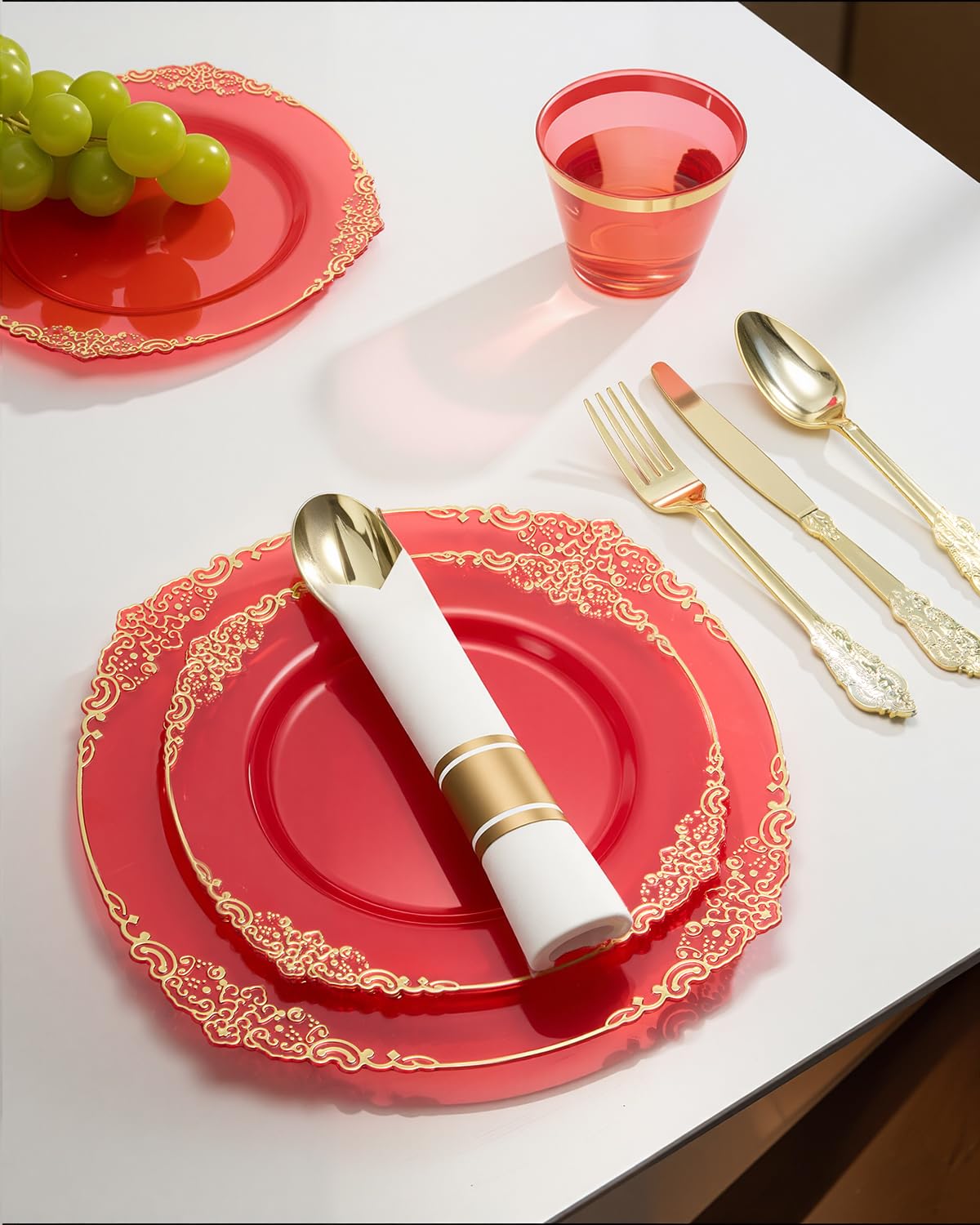 Goodluck 350 Piece Red Dinnerware Set for 50 Guests, Fancy Disposable Plates, Include: 100 Gold Rim Plastic Plates, 150 Silverwares, 50 Pre Rolled Napkins, 50 Cups for Party, Wedding