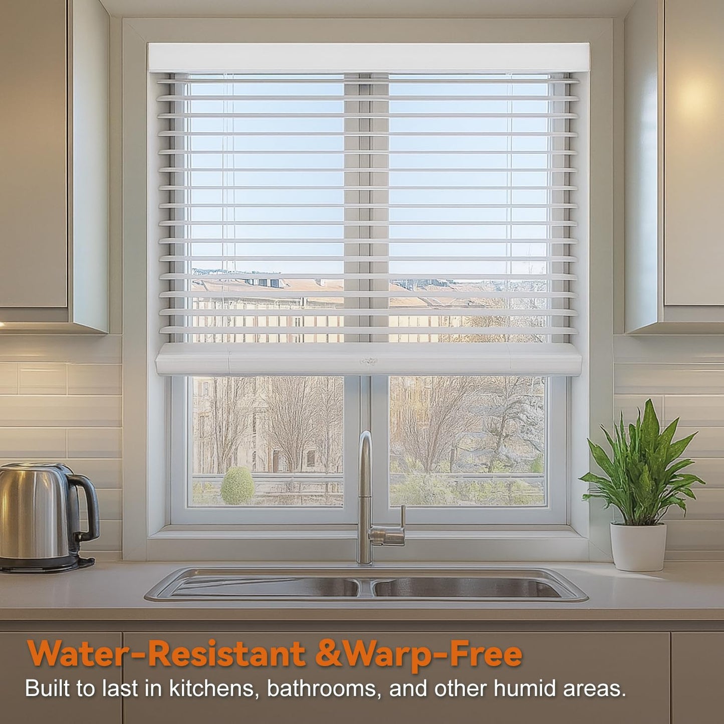 Faux Wood Blinds for Indoor Windows, 35" Width x 60" Height Cordless Window Blinds with Valance for Home, No-Hole Privacy Slats,2" White Blinds for Kitchen, Bathroom & Living Room