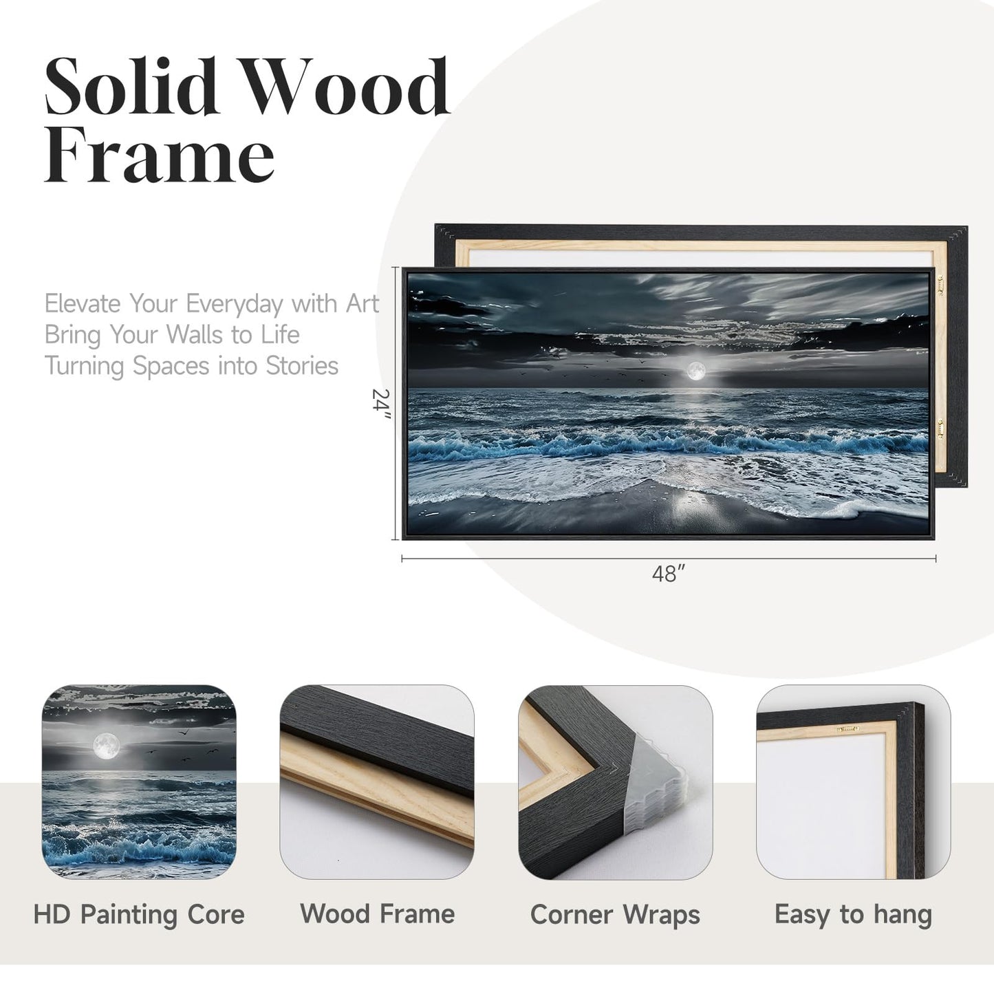 Framed Moonlight Coastal Wall Art for Living Room, Horizontal Blue and Black Beach Ocean Seascape Artwork for Walls, Large Canvas Picture Print for Bedroom Dining Room Office Wall Decor, 24x48 Inch