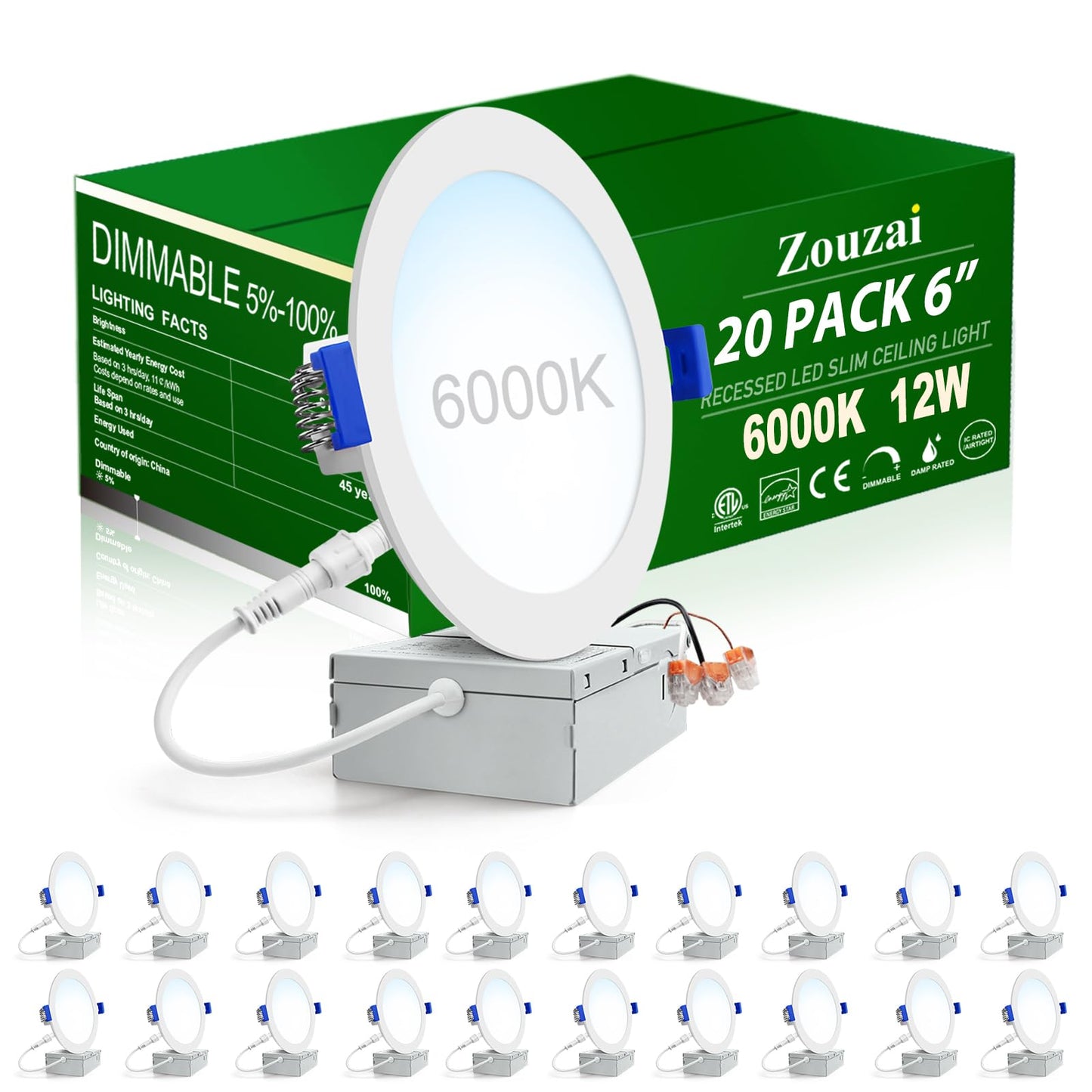 zouzai 20 Pack 6 Inch Ultra-Thin LED Recessed Ceiling Light with Junction Box 6000K Cool White Adjustable Dimmable Can-Killer Downlight - ETL and Energy Star Certified
