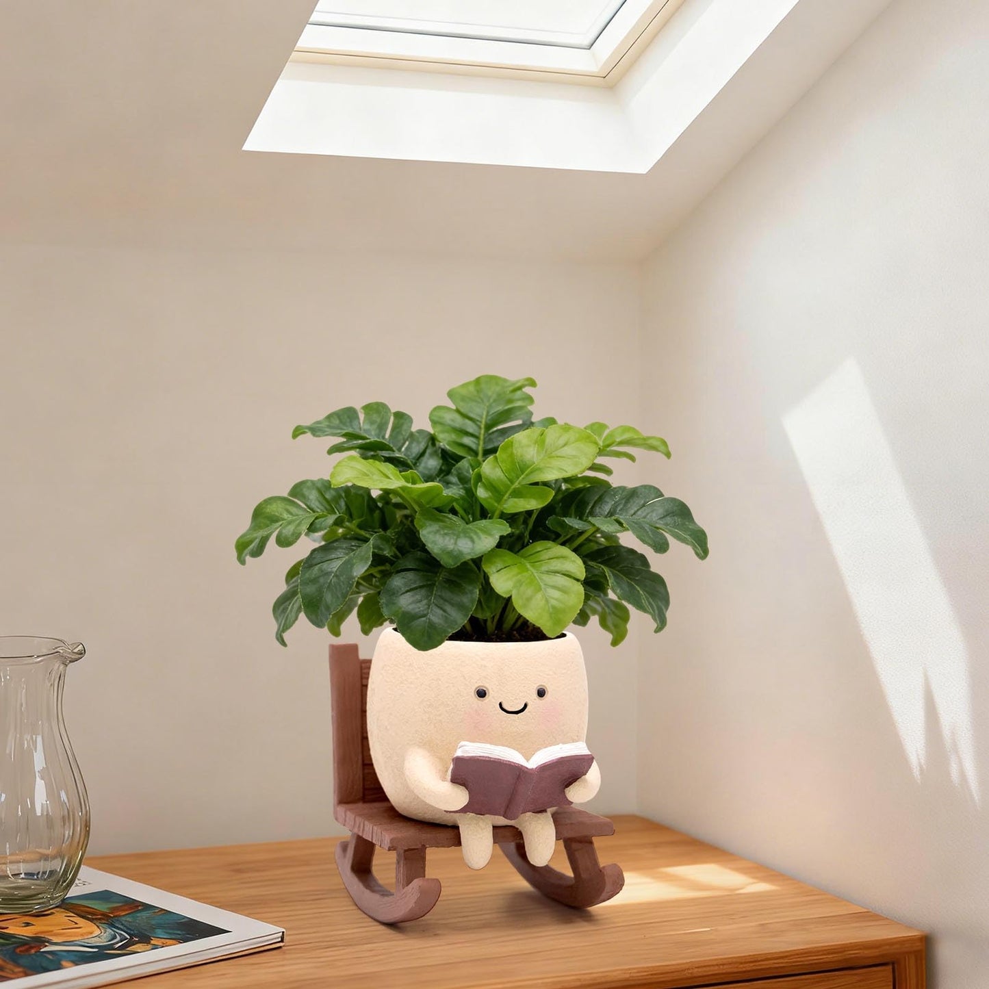 YOUOIVIA Rocking Chair Book Planter, Cute Smiley Face Succulent Plant Pots for Indoor Outdoor Plants, Unique Funny Flower Pots with Drainage Hole, Plant Gifts for Mother's Day, Birthday, Christmas
