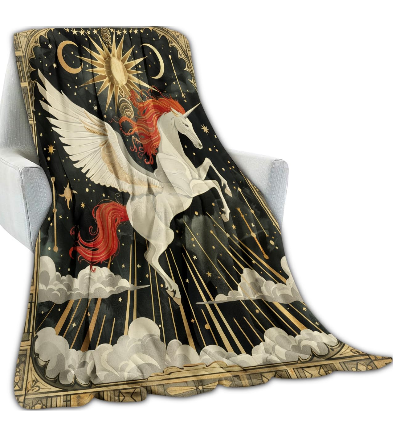 Unicorn Pegasus Blanket 50x60 in Birthday Gifts, Mythical Celestial Sun Moon Throw Blankets for Home Traveling Camping Car Decor, Comfort Fluffy Warm Throws, for Boys Kids Fantasy Lovers