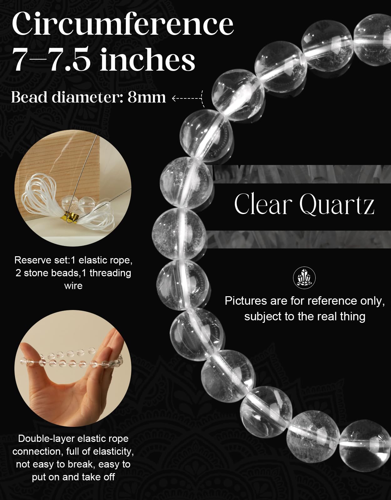 Landorilo Beaded Bracelet for Men Women, 8mm Natural Stone Clear Quartz Healing Crystal Stretch Bracelets, Ideal Christmas Birthday Jewelry Gifts with Energy Card，Replacement Beads Included