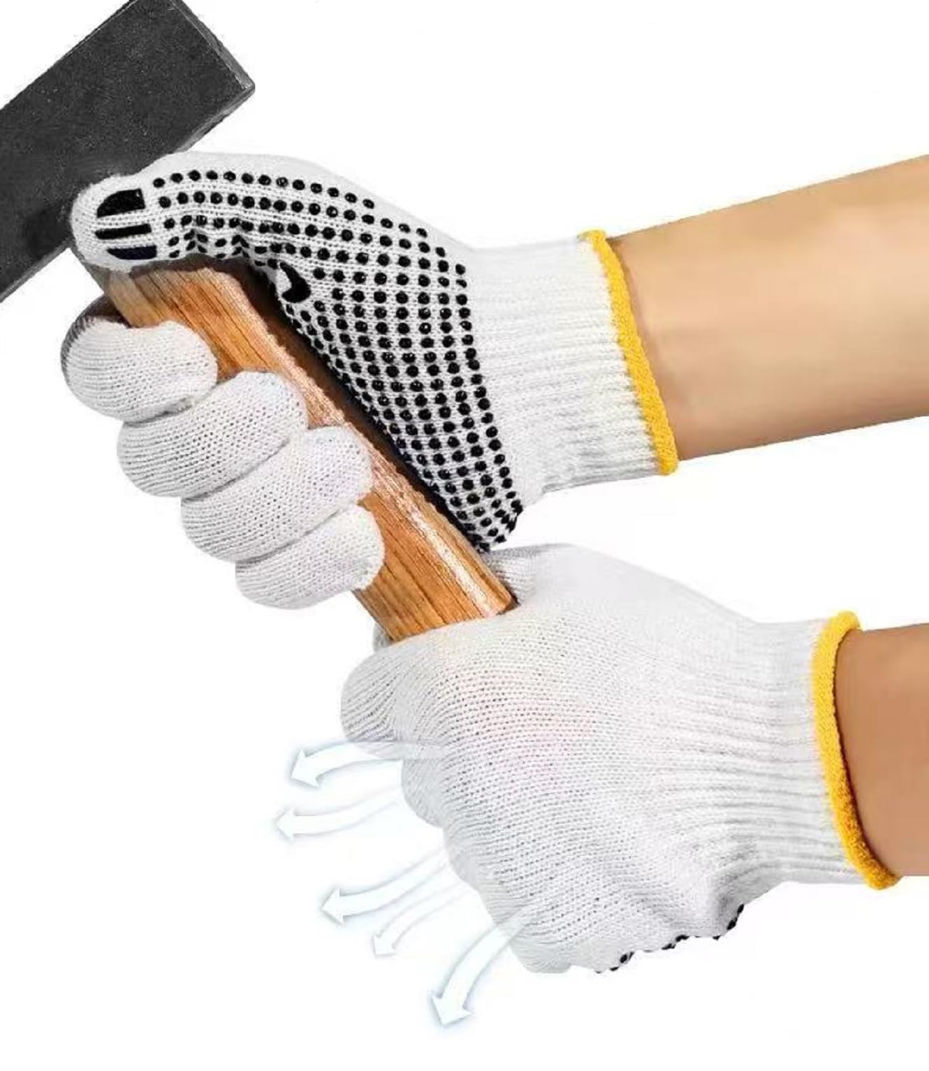 Safety Work Gloves with Anti-slip Dots 12 Pairs White Polyester Knitted Gloves for Garage Warehouse Painter Mechanic Industrial Gardening Construction (Black)