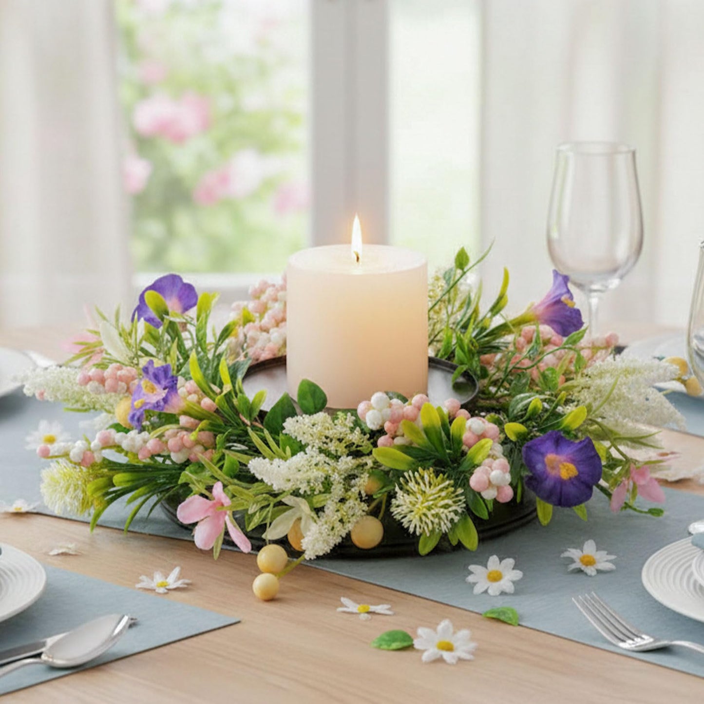 MOYEE Candle Holder Centerpieces for Tables,Candle Ring,Wreaths, Black Metal Candle Stick Paired Artificial Flowers 14 in Versatile Dining Table Centrepiece