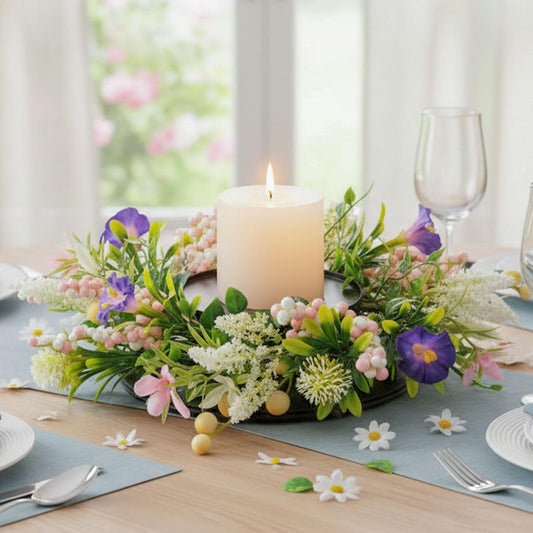 MOYEE Candle Holder Centerpieces for Tables,Candle Ring,Wreaths, Black Metal Candle Stick Paired Artificial Flowers 14 in Versatile Dining Table Centrepiece