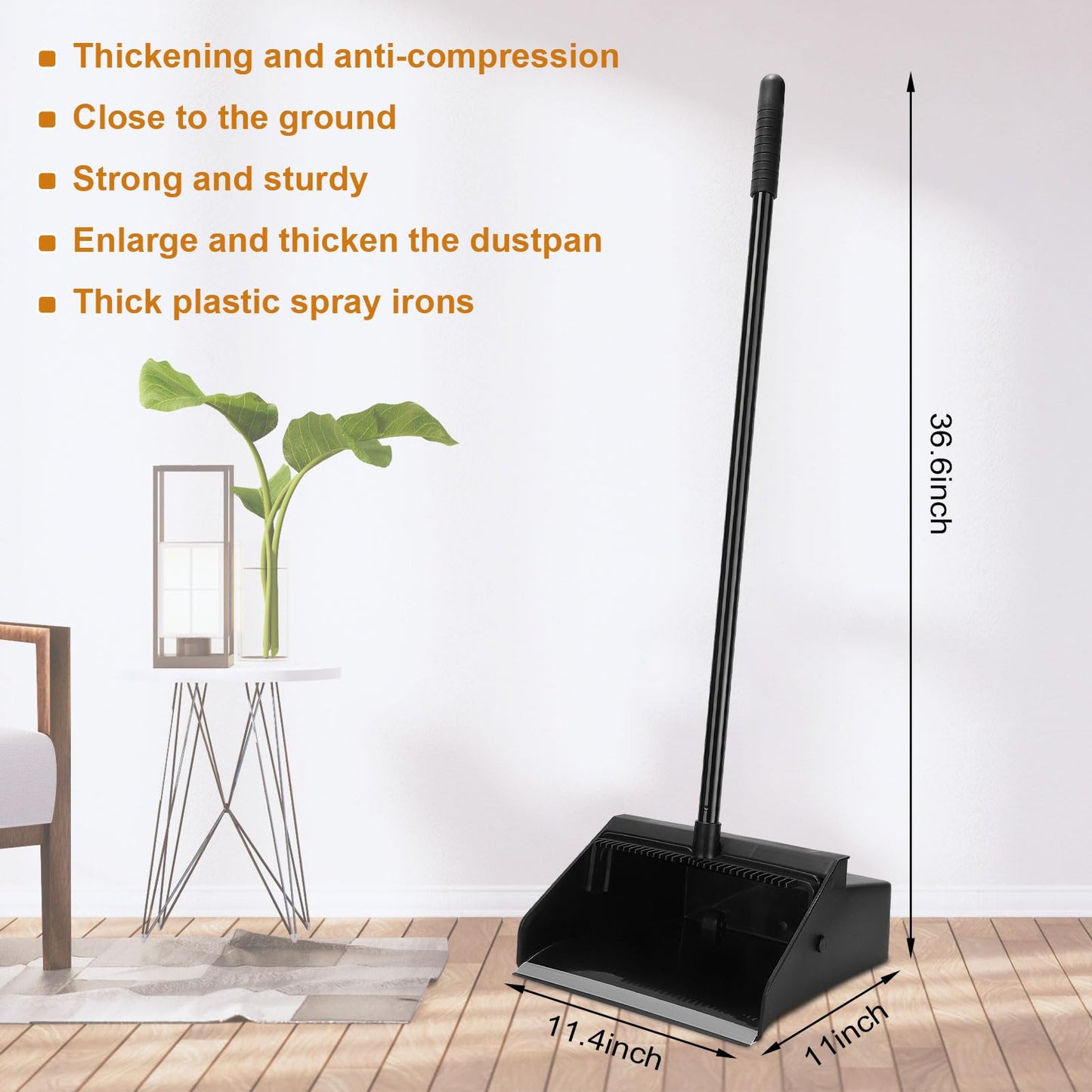 Leumoi 12 Pcs Dust Pans with Long Handle Set 36.6 Inch Commercial Dust Pan with Comb Large Plastic Stand up DustPans for Outdoor Indoor Restaurant Home Office Floor Cleaning (Black)