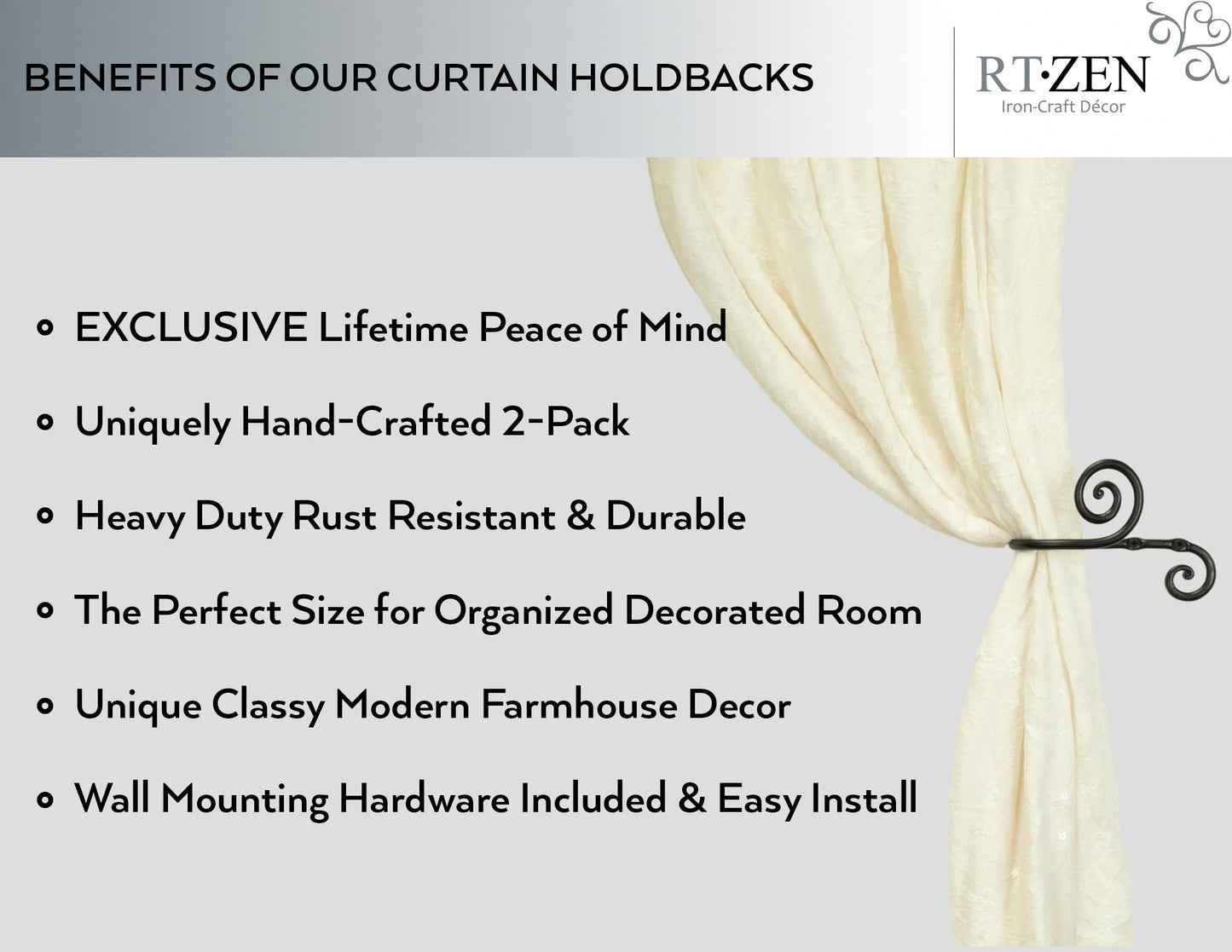 RTZEN Decorative Metal Curtain Tiebacks - Farmhouse Wrought Iron Curtain Holdbacks - Drapery Holders for Wall - Unique Metal Tie Backs for Curtains - 2 Pcs (Black Swirly)